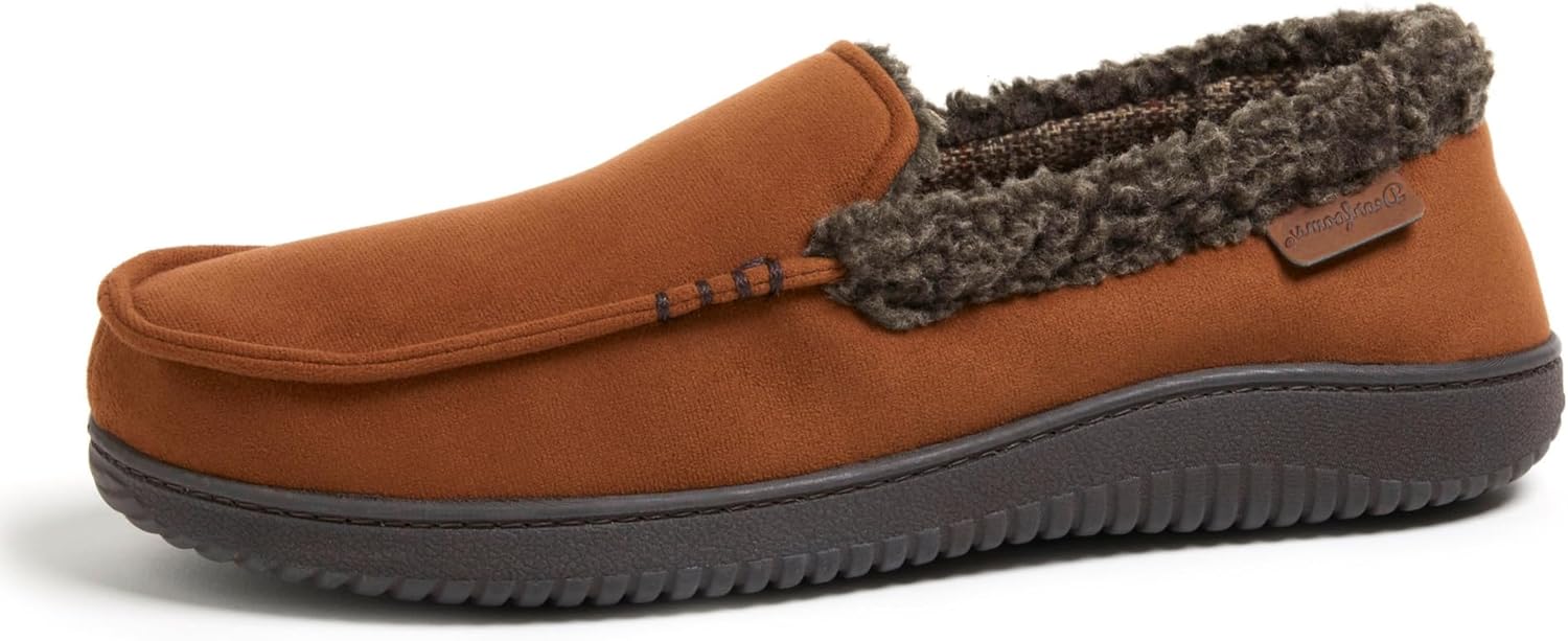 Dearfoams Men'sAlexander Microsuede Moccasin with Berber Casing, CHESTNUT, L