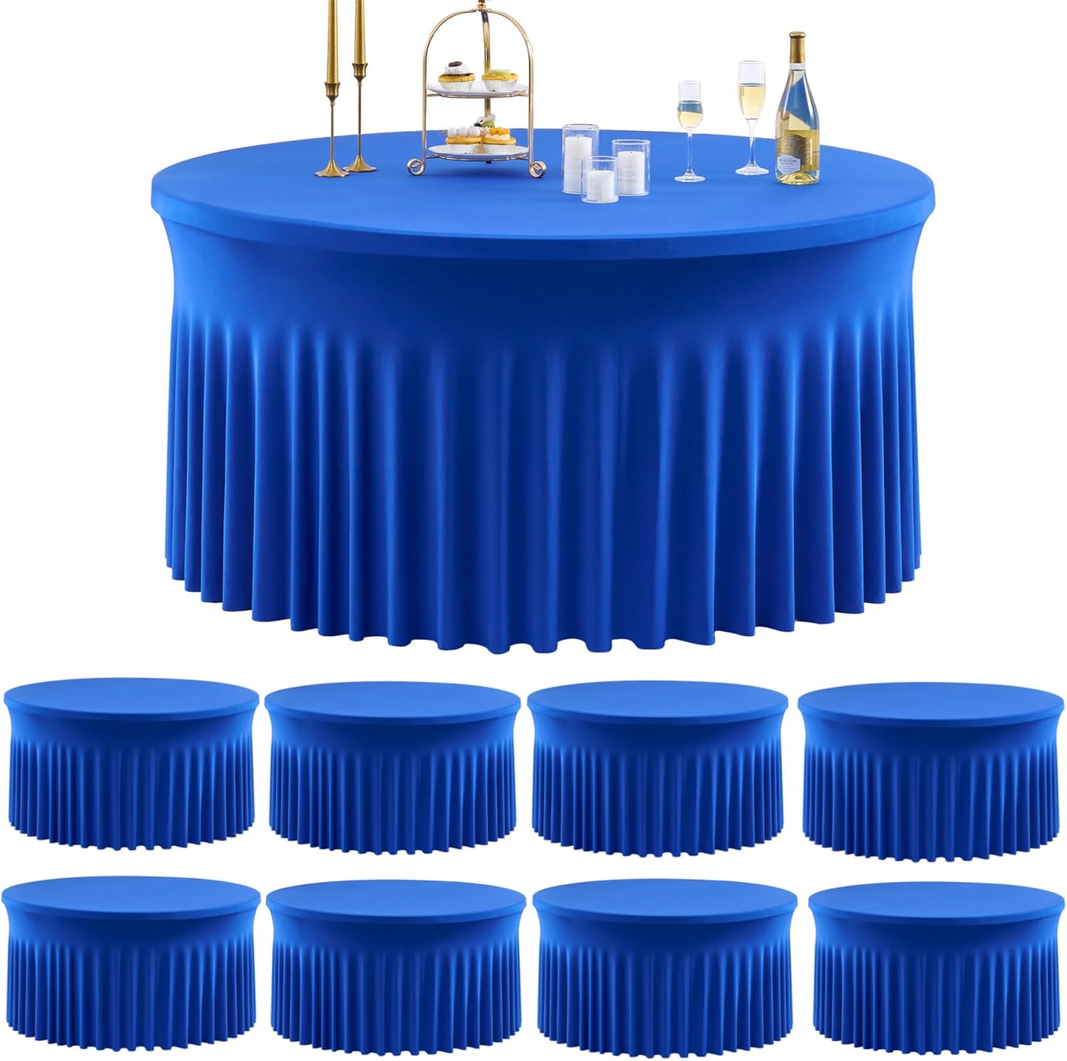 Outpain 8 Pack Royal Blue Spandex Round Tablecloths for 72 inch Table, Stretchy 132inch Fitted 6FT Round Table Cloths, Wrinkle Free Table Cover with Skirt for Wedding Party Dining Banquet Royal Blue 72inch(8Pack)
