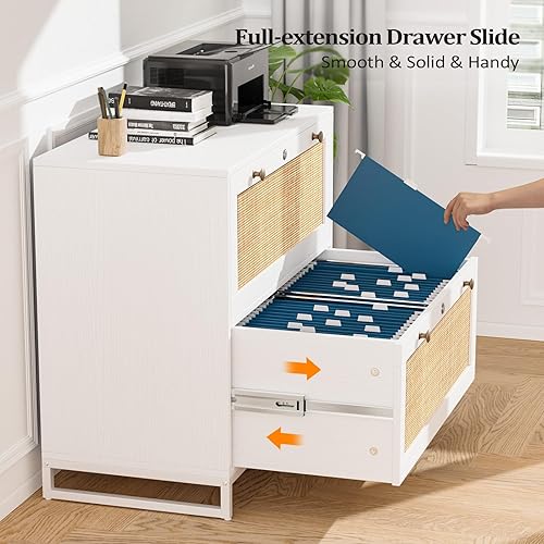 Miniatura 4 de VINGLI Archivador lateral de ratán blanco y natural con 2 cajones con cerradura, archivadores de madera con bloqueo para oficina en casa, gabinete