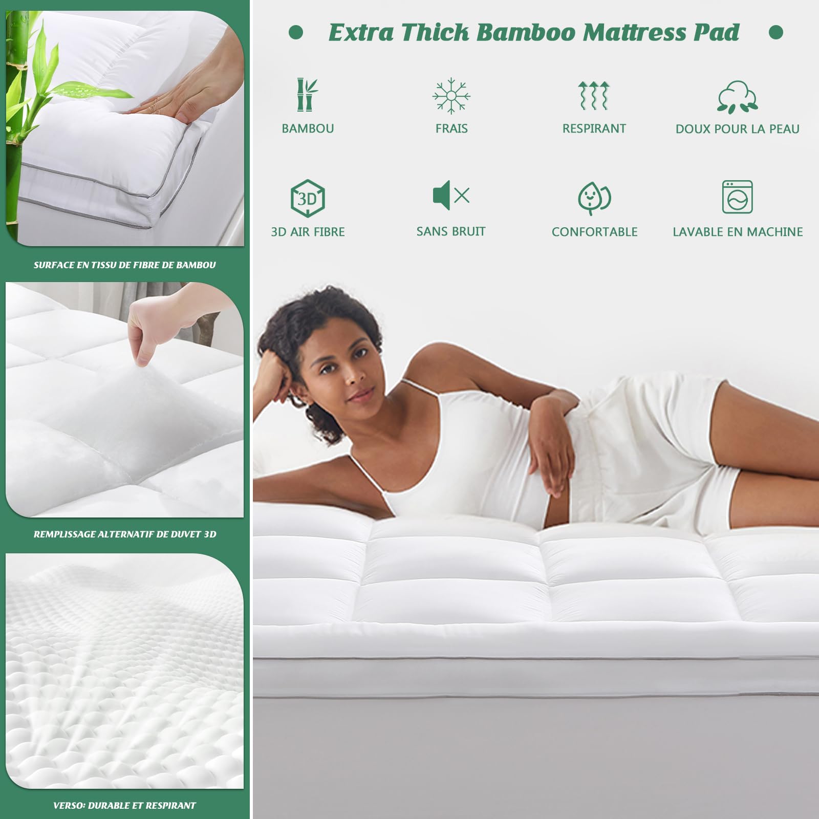 GRT Surmatelas 140x190 cm - Épaisseur Généreuse de 6 cm pour Un Sommeil Confortable, en Fibres de Bambou et Garnissage 3D - Ultra-Doux et Respirant