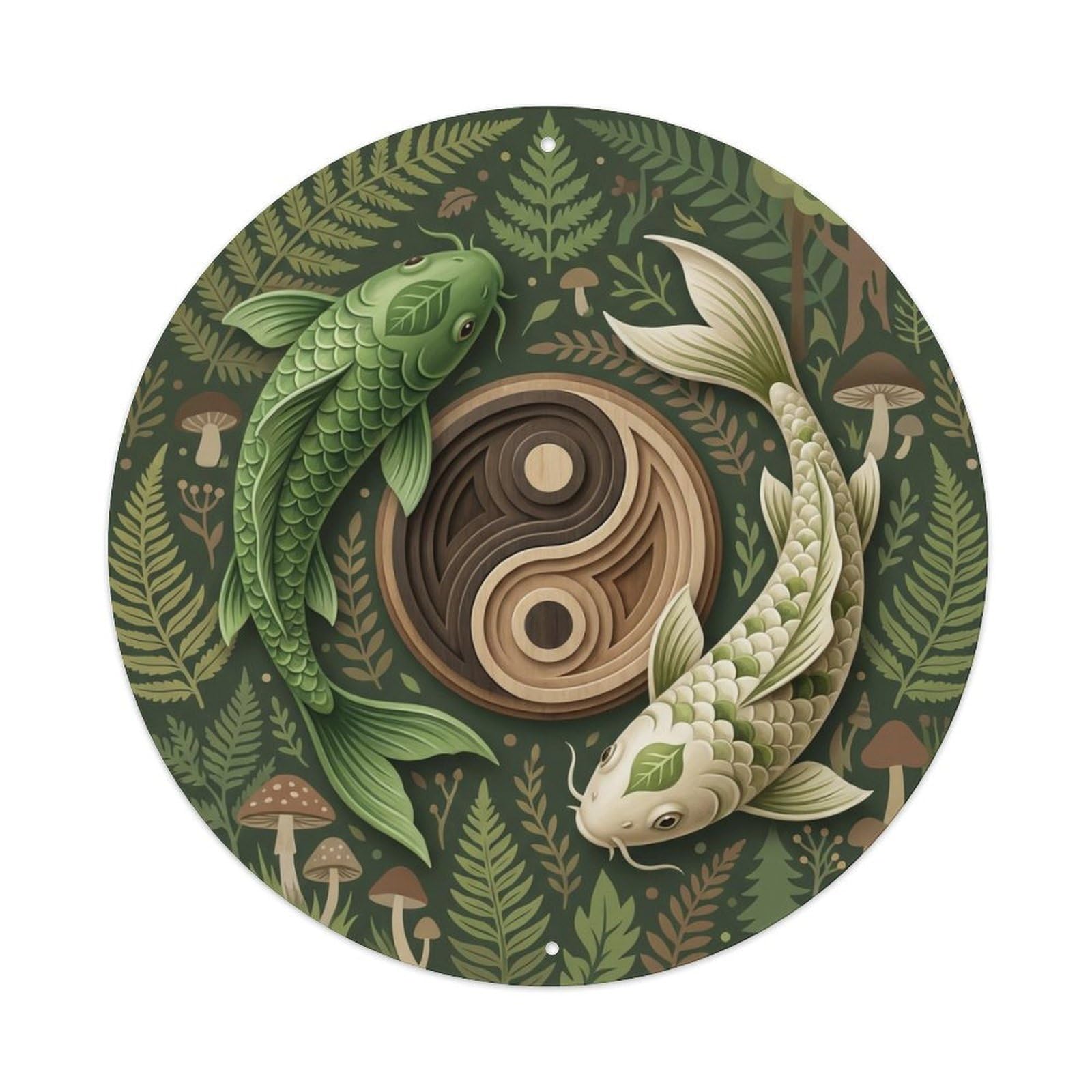 Tai Chi Koi Fish Fern Green Leaf Forest Nature Fresh Metal Tin Sign
