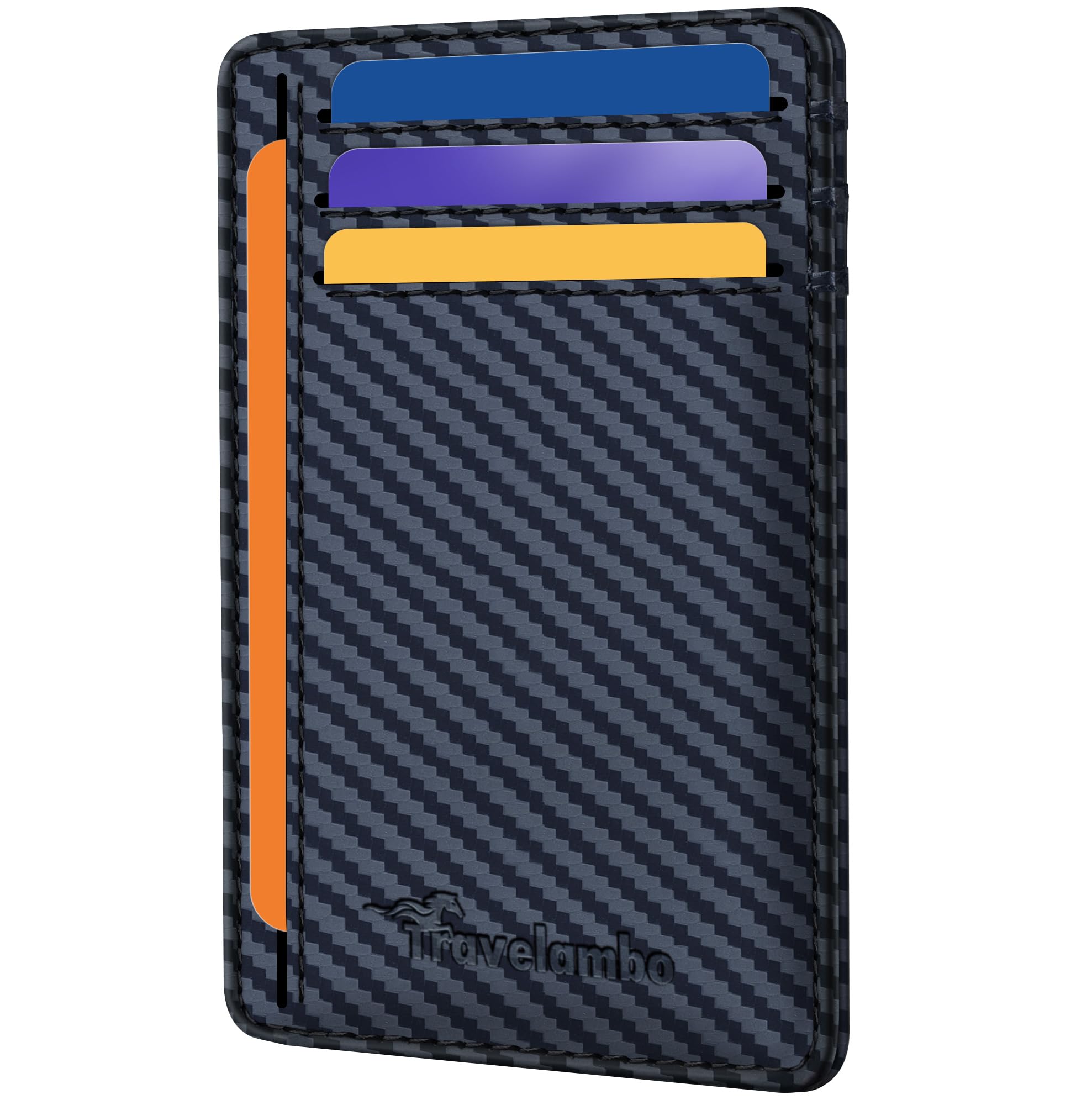 Travelambo Front Pocket Minimalist Leather Slim Wallet RFID Blocking Carbon Fiber Texture