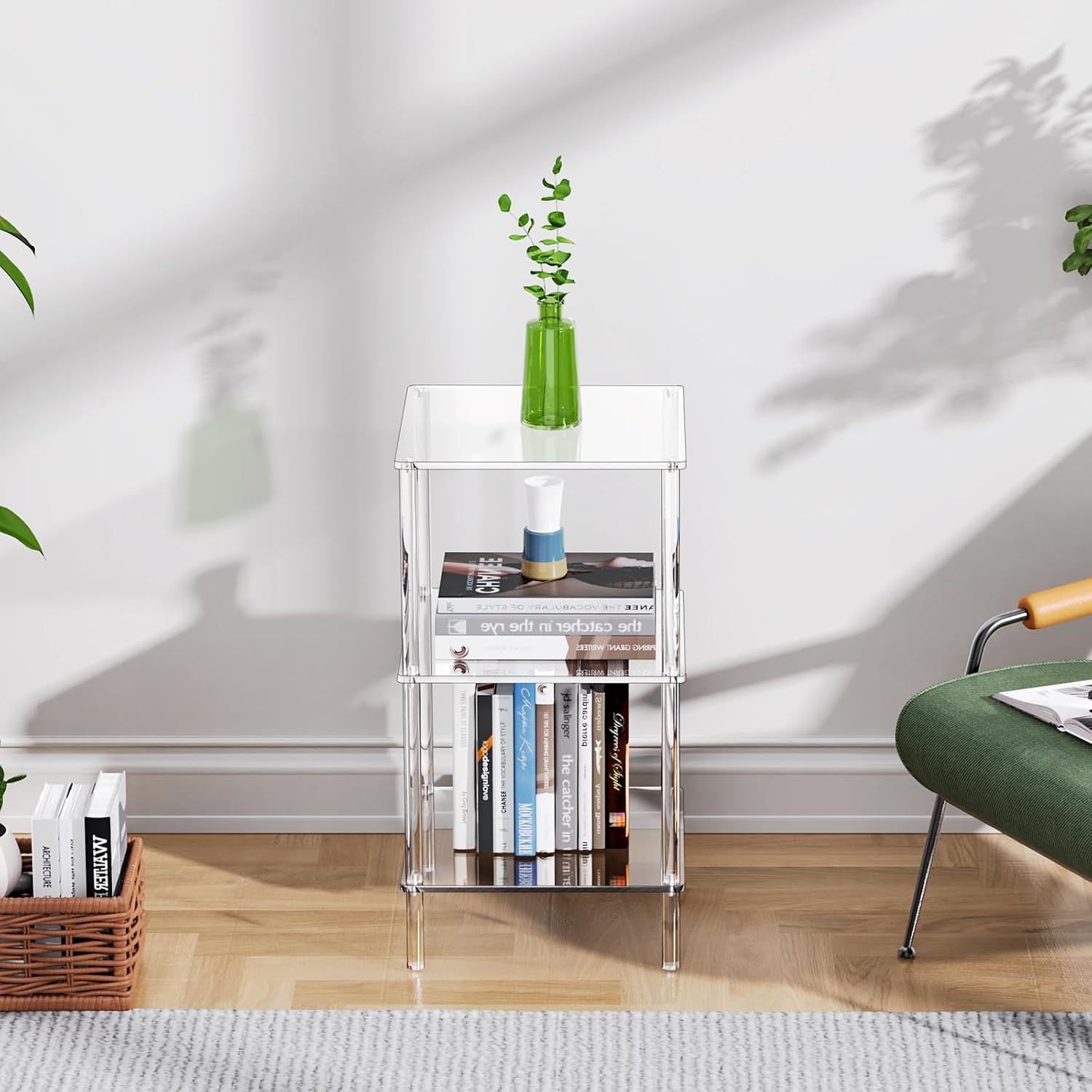 Acrylic Side Table Clear 3-Tier End Table for Living Room, Office, Hallway, Bedroom Small Bedside Table (8mm 13.1'' Wide)