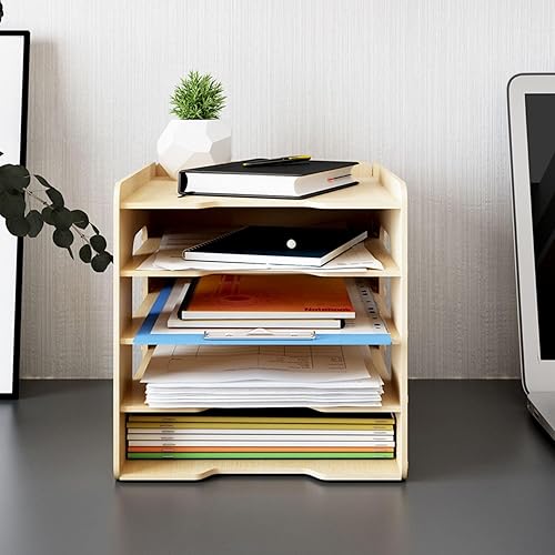 Miniatura 8 de PUNCIA Organizador de papel de madera de oficina de 5 niveles para escritorio, soporte de archivos de escritorio, bandeja de letras apilable,