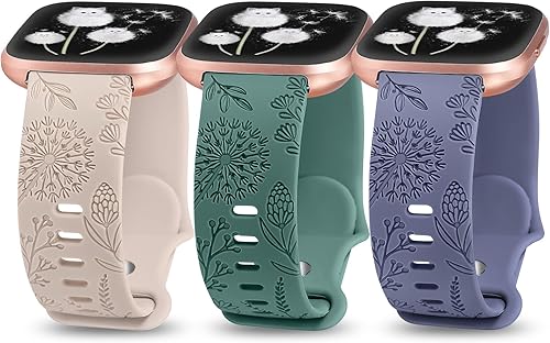 Miniatura 9 de Minyee Paquete de 3 correas grabadas florales compatibles con Fitbit Versa 2/Versa Lite, silicona suave, patrón de flor de diente de león, correa