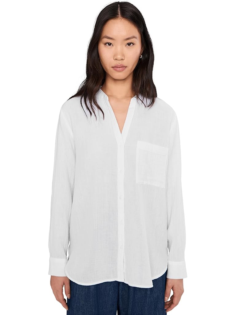 White Eileen Fisher Organic Cotton Ripple Mandarin Collar Shirt