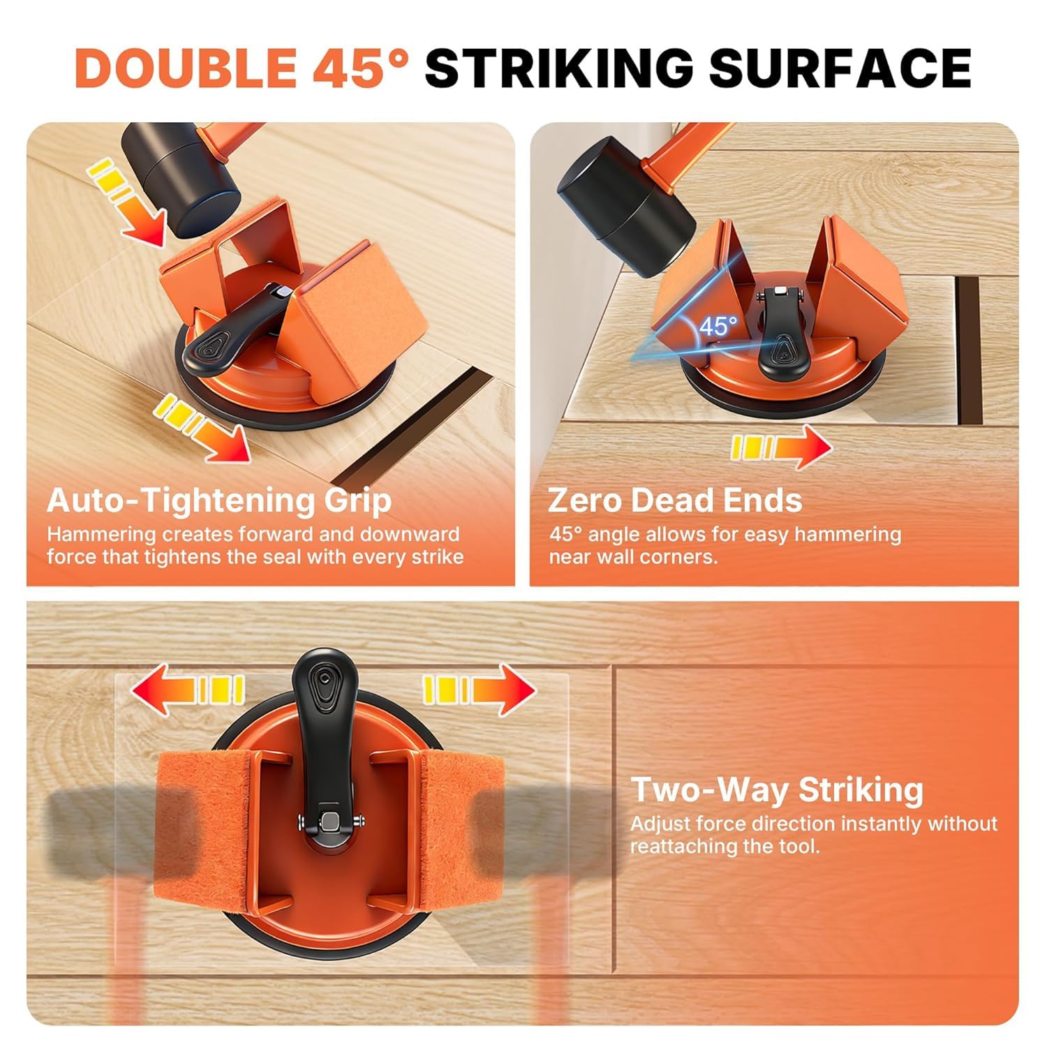 Heavy Duty Floor Gap Fixer Tool with 45° Striking Surface, Iron Construction, Enhanced Suction Cup, Slot Cutter, Hammer & 5 Sticky Pads – for Laminate & Vinyl Flooring Repair (Yellow)