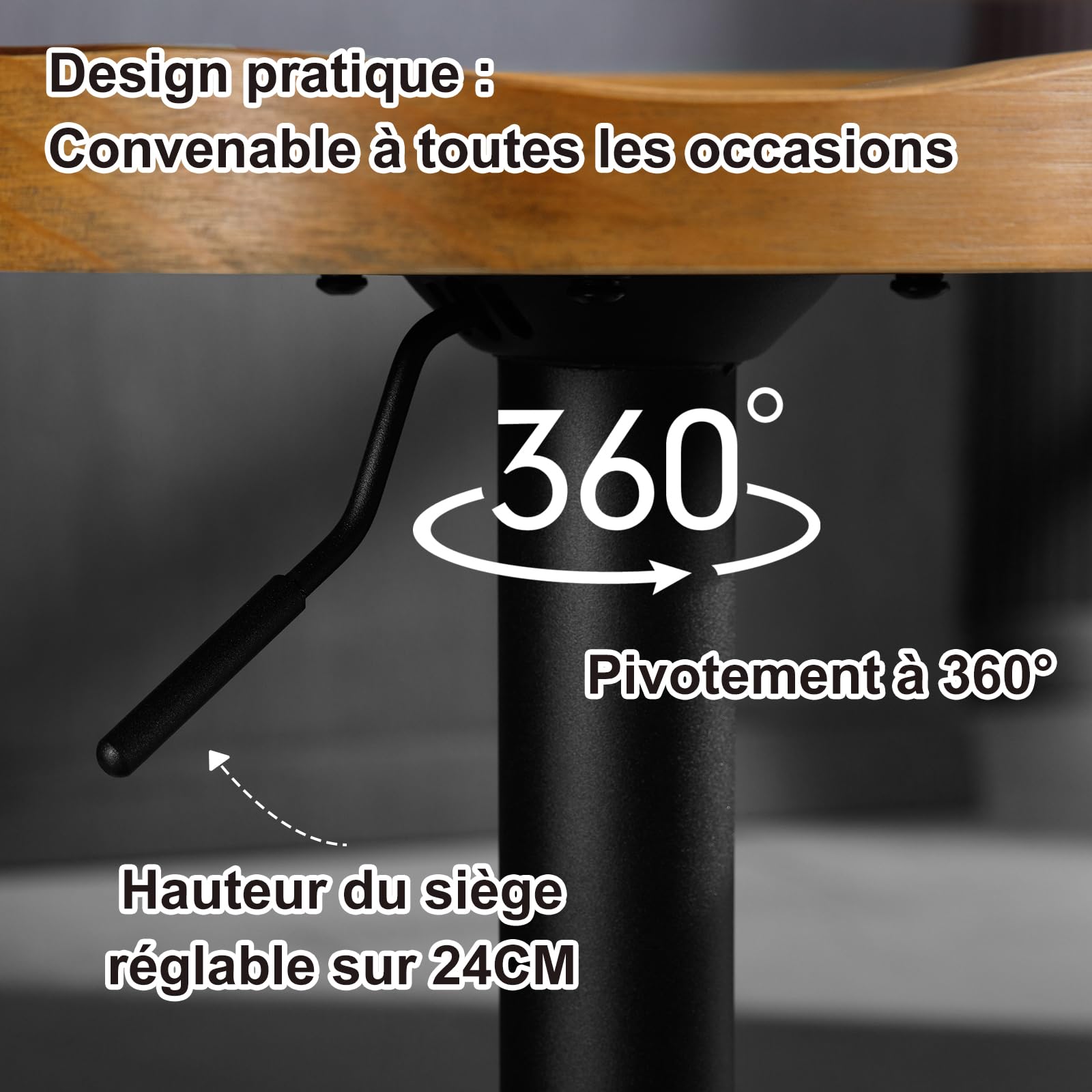 WOLTU Tabouret Bar, Chaise de Bar, en Bois, Cadre en Métal, Réglable en Hauteur, Pivotant à 360°, avec Repose-Pieds, Industriel, Chêne foncé, BH413dc-1