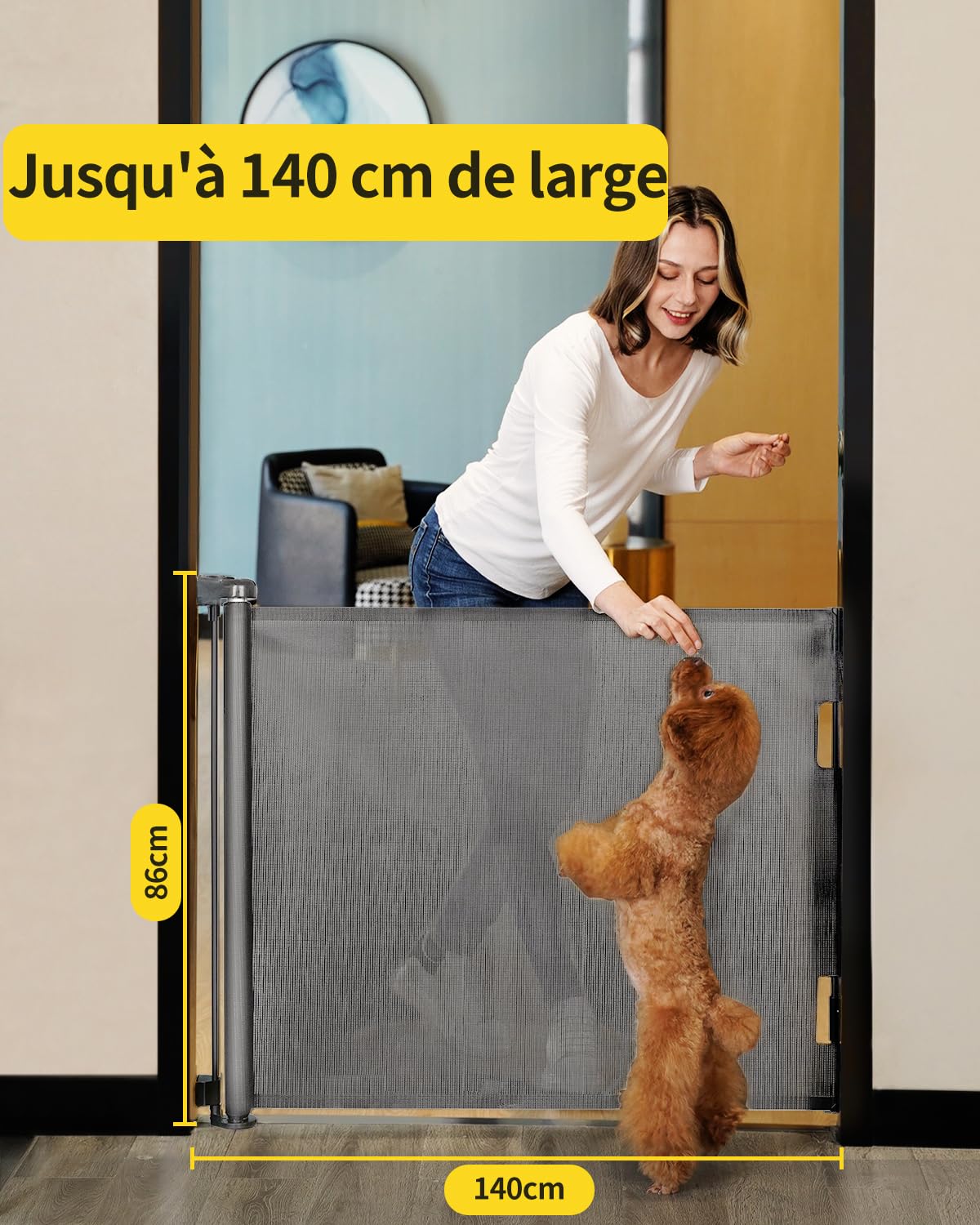 Barrière de Sécurité Rétractable pour Bébé et Animaux Chiens, Extensible de 0-140cm, Porte de Sécurité pour Escaliers, Couloirs et Portes – Utilisation Intérieure et Extérieure gris - 2