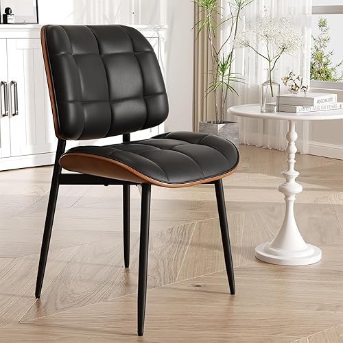 Miniatura 16 de Juego de 6 sillas de comedor, modernas sillas de comedor negras de mediados de siglo, sillas de cocina tapizadas de piel sintética con cojín grueso