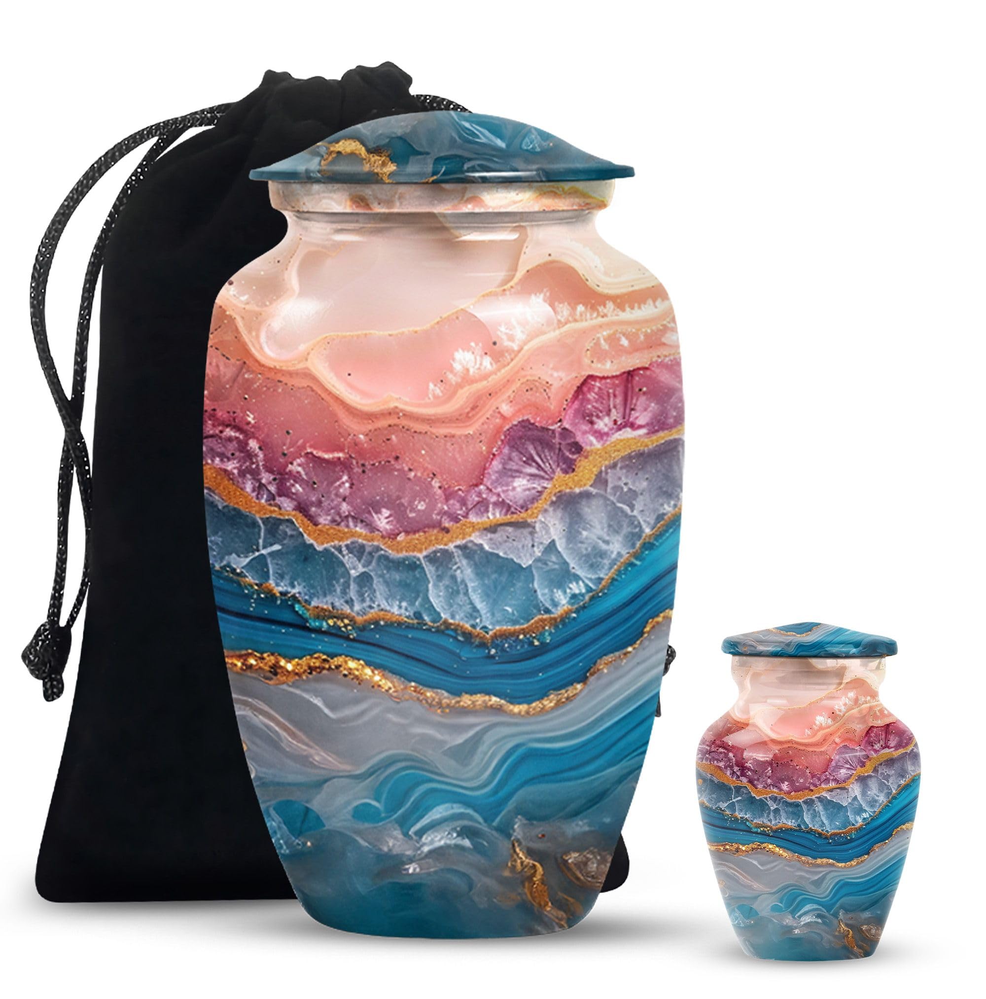 Gemstone Radiance - Keepsake Urn - Urns for Cremation Ashes - Combo of 1 Large Urn with Velvet Bag and 1 Small - Decorative Urns for Human - Adult Urn - Funeral Urns - Metal Urns for Ashes