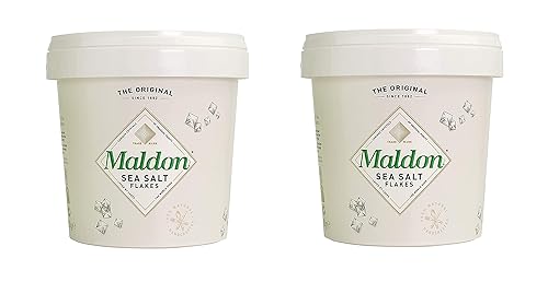 Maldon Sal, copos de sal marina, tina resellable, Kosher, natural, artesanal, gourmet, cristales piramidales, 20 oz (570 g) paquete de 2