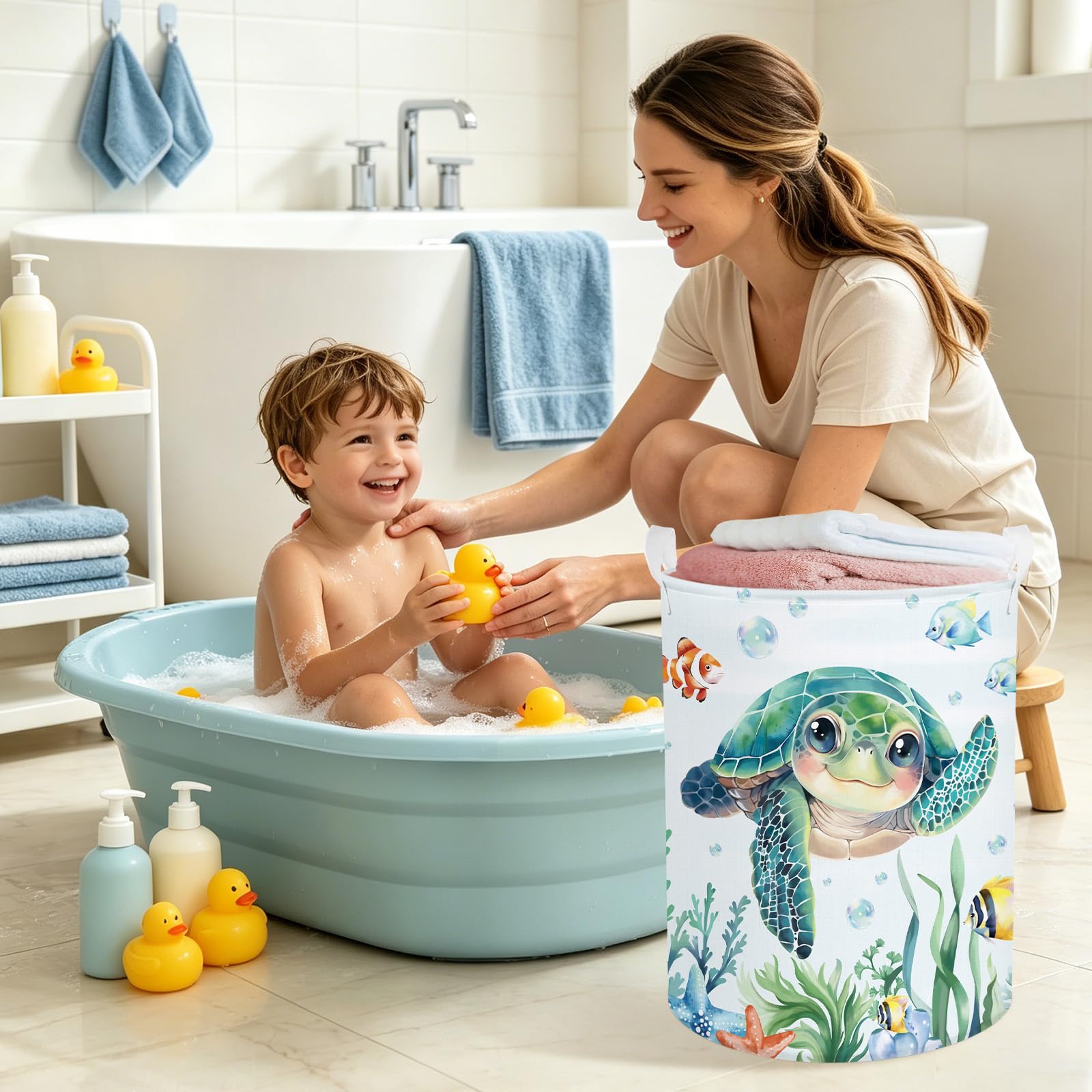 Clastyle Ceste Biancheria Bambini Mare Tartaruga Verde per Ragazzo Ragazza Cestino Portaoggetti Giocattoli Pieghevole Vestiti Giocattolo con Manici per Bagno Cameretta, Tartaruga marina, 36x45 cm