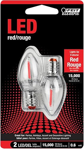 Miniatura 2 de Feit Electric BPC7RLEDG226 0.6 W 7 W equivalente a base de candelabro, bombilla LED decorativa de Navidad C7, 2.15 pulgadas de alto x 1 pulgada de