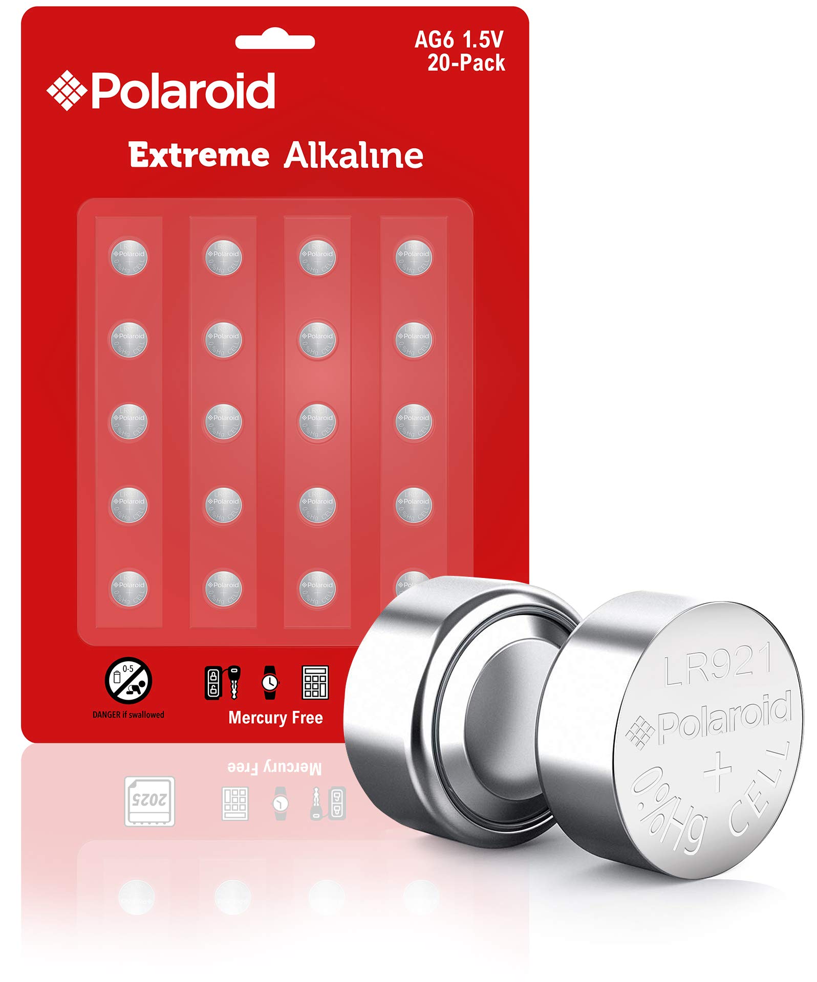 Polaroid Extreme AG6 LR69 370 371 LR920 SR920SW 1.5V Button Cell Alkaline Batteries No Mercury 0% Hg (20-Pack) - 2025 Expiry Date