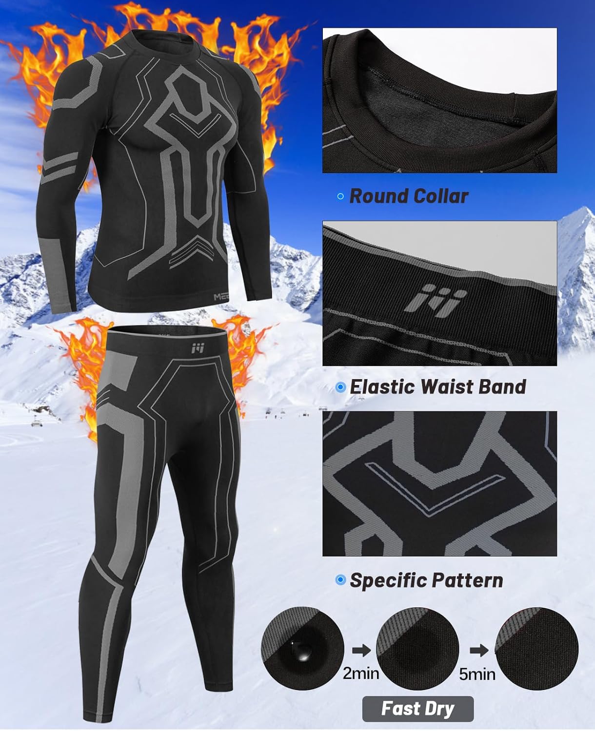 MEETWEE Men's Thermal Underwear Set, Winter Ski Gear Fleece Lined Long Johns Base Layer Warm Top & Bottom for Skiing Black - Image 5