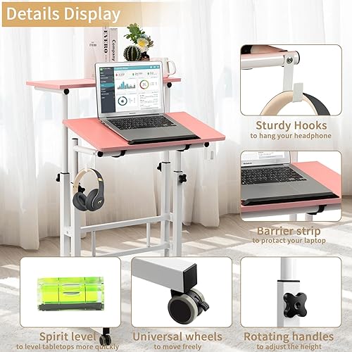 Miniatura 4 de SIDUCAL Escritorio móvil de pie, escritorio portátil de pie, convertidor de escritorio de pie pequeño ajustable con ruedas, estación de trabajo para