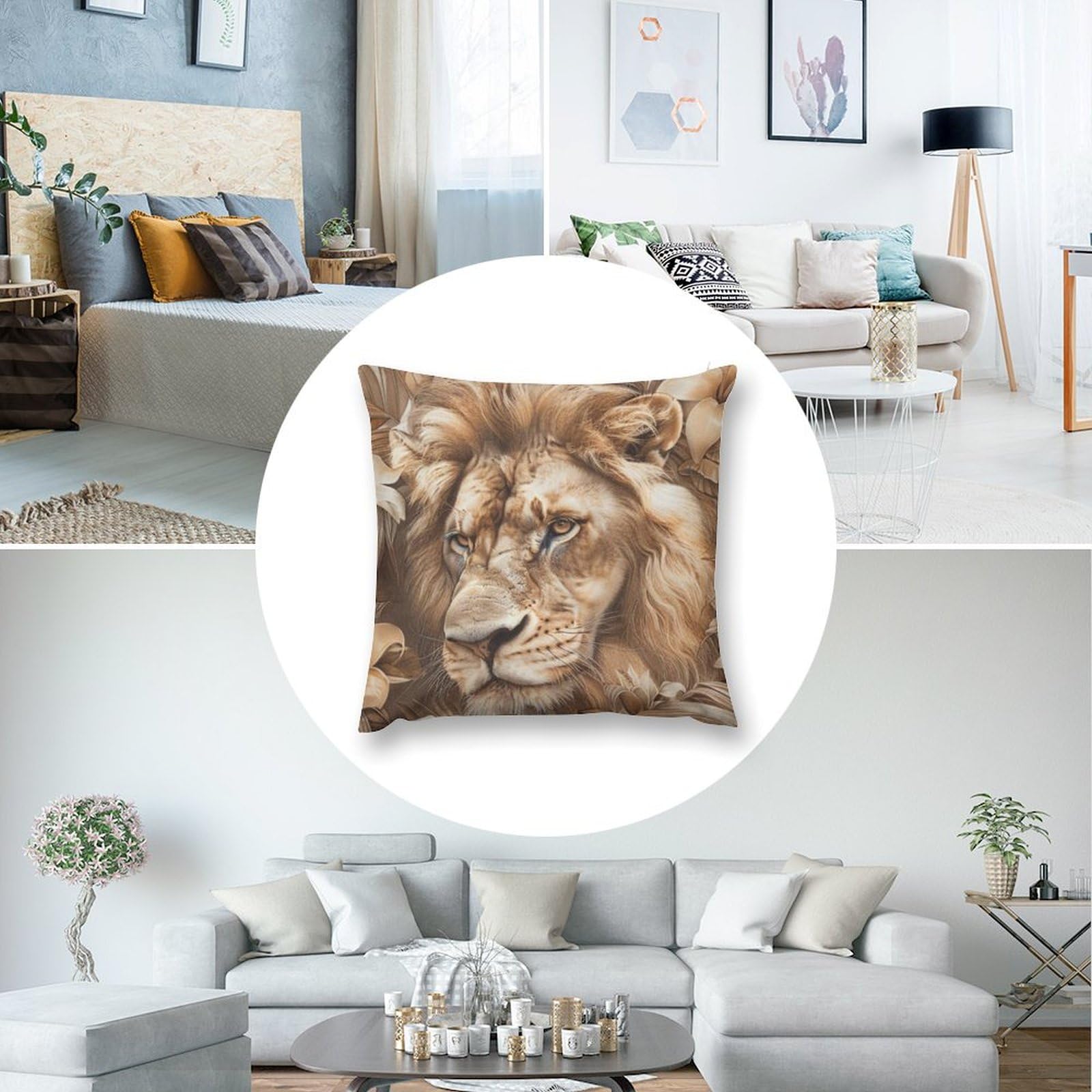 Lion Face Throw Pillow Cover 16x16 - Forest King Animal Print Decor For Sofa & Bed