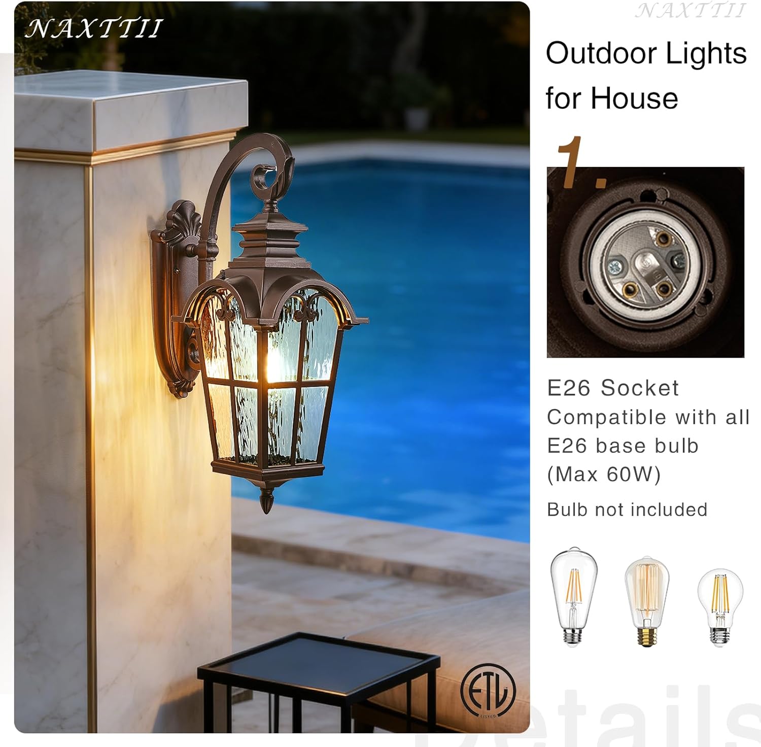 Outdoor Wall Sconce Lights ORB Finish Exterior Lighting Fixtures with Water Ripple Glass Aluminum Porch Lights Outdoor for Front Door Garage Entryway E26 Socket Waterproof