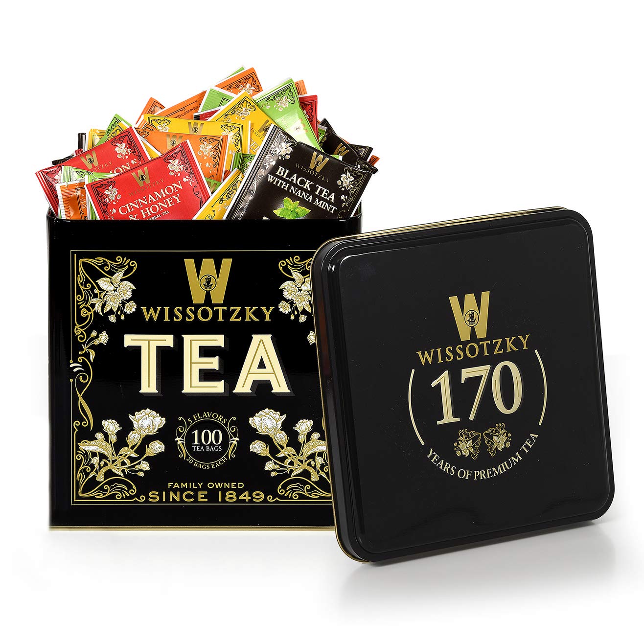 WissotzkyTea Tin Gift Set | 100 Tea Bags, 5 Enchanting Flavors | Flavorful & Aromatic | Tea Lovers Holiday Gift | Certified Kosher (including Passover)