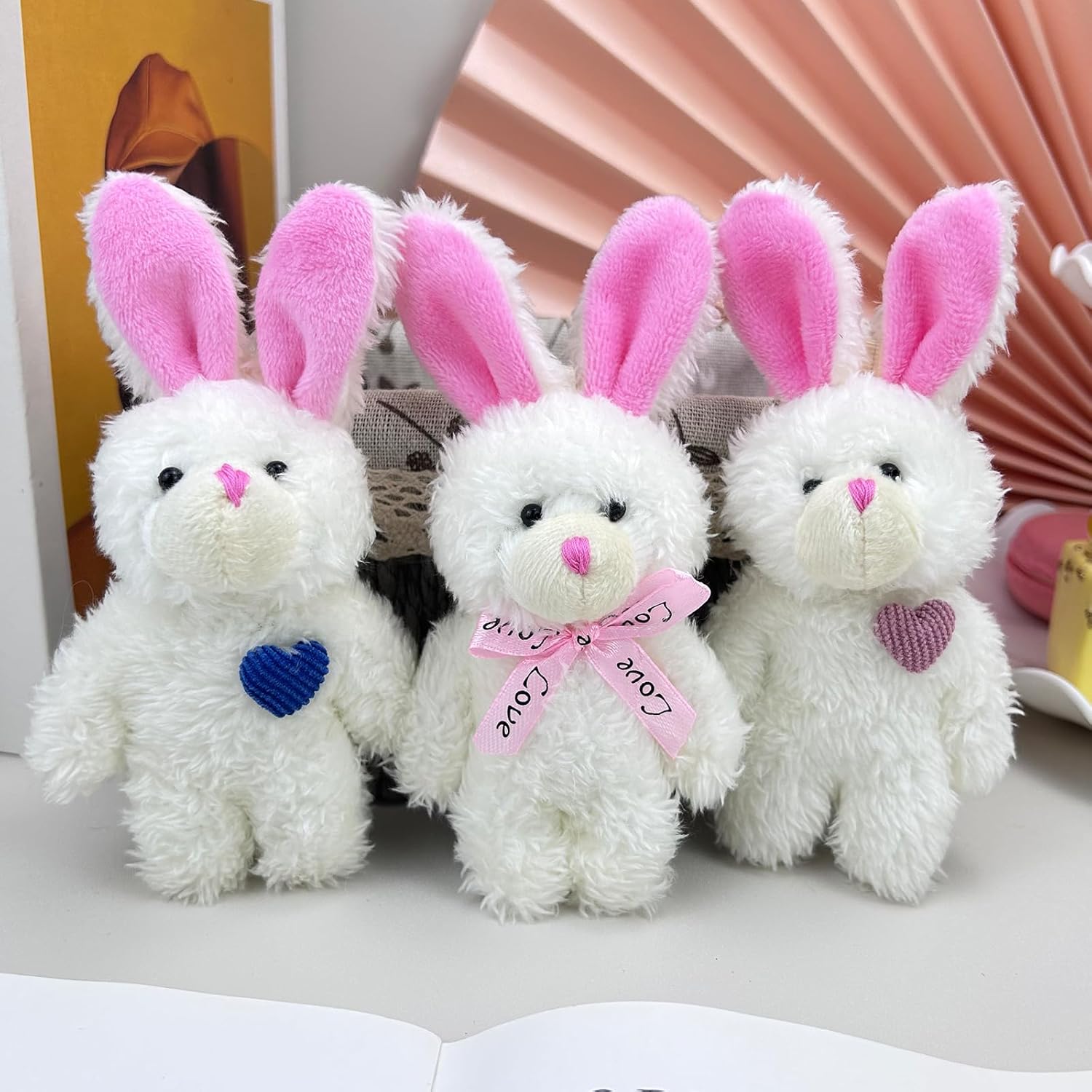 12 pcs Easter Mini Plush Rabbit with Tie, 5 Inch Soft Small White Bunny Stuffed Bunnies Bulk for Keychain Birthday Party Favor Cake Wedding Decorations