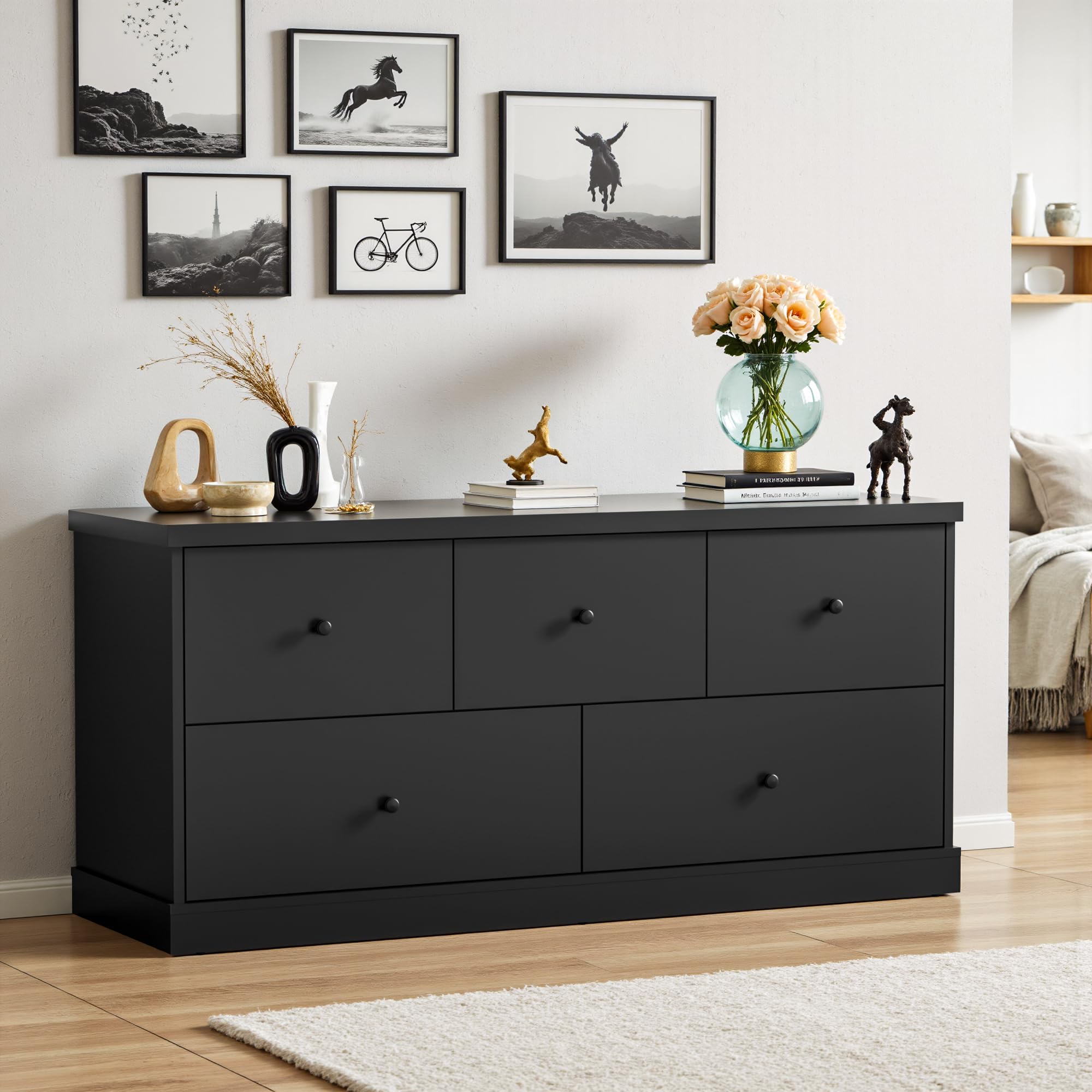 JUMMICO Dresser for Bedroom, Wide Chest of Drawers with 5 Wood Dresser Drawers, TV Stand, Modern Design for Bedroom, Living Room, Hallway, and Entryway (Black)