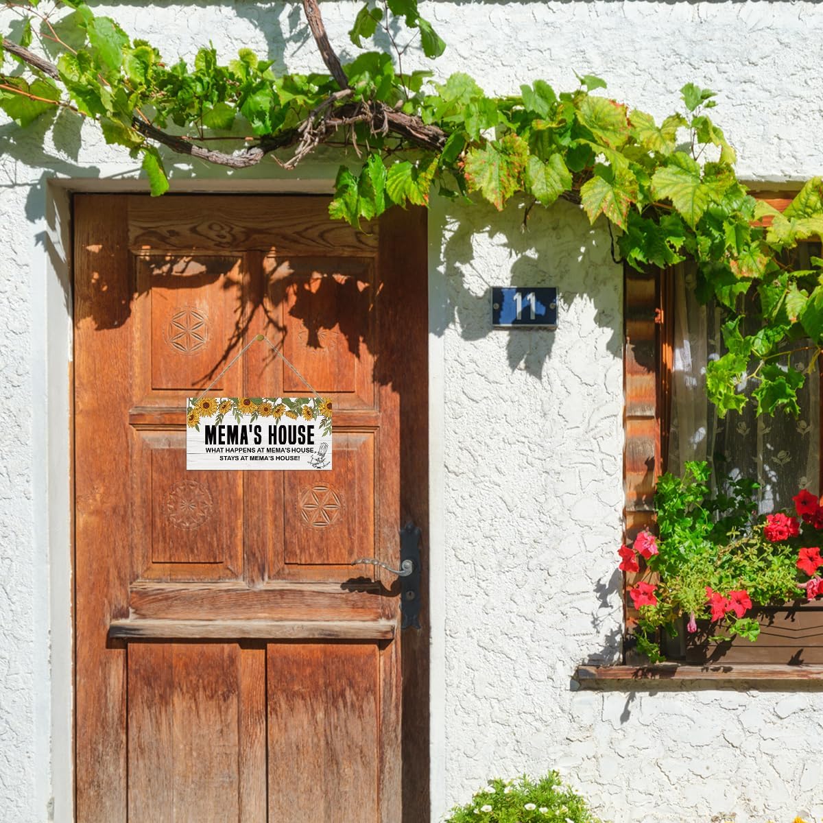 Rustic Mema's House Decor Sign, Sunflower Sign, Hanging Decorative Wood Plaque, Printed Wood Art Wall Decor, What Happens at Mema's House, Stays at Mema's House Sign, Gift for Grandma 12x6in - Image 4