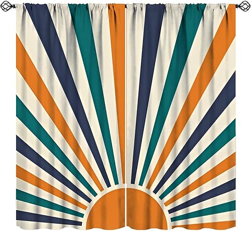 Miniatura 24 de Cortinas Retro de Atardecer, Bohemio de Mediados de Siglo Moderno Abstracto Amanecer Japonés Azul Ola del Océano Opacas Tratamientos de Ventana para