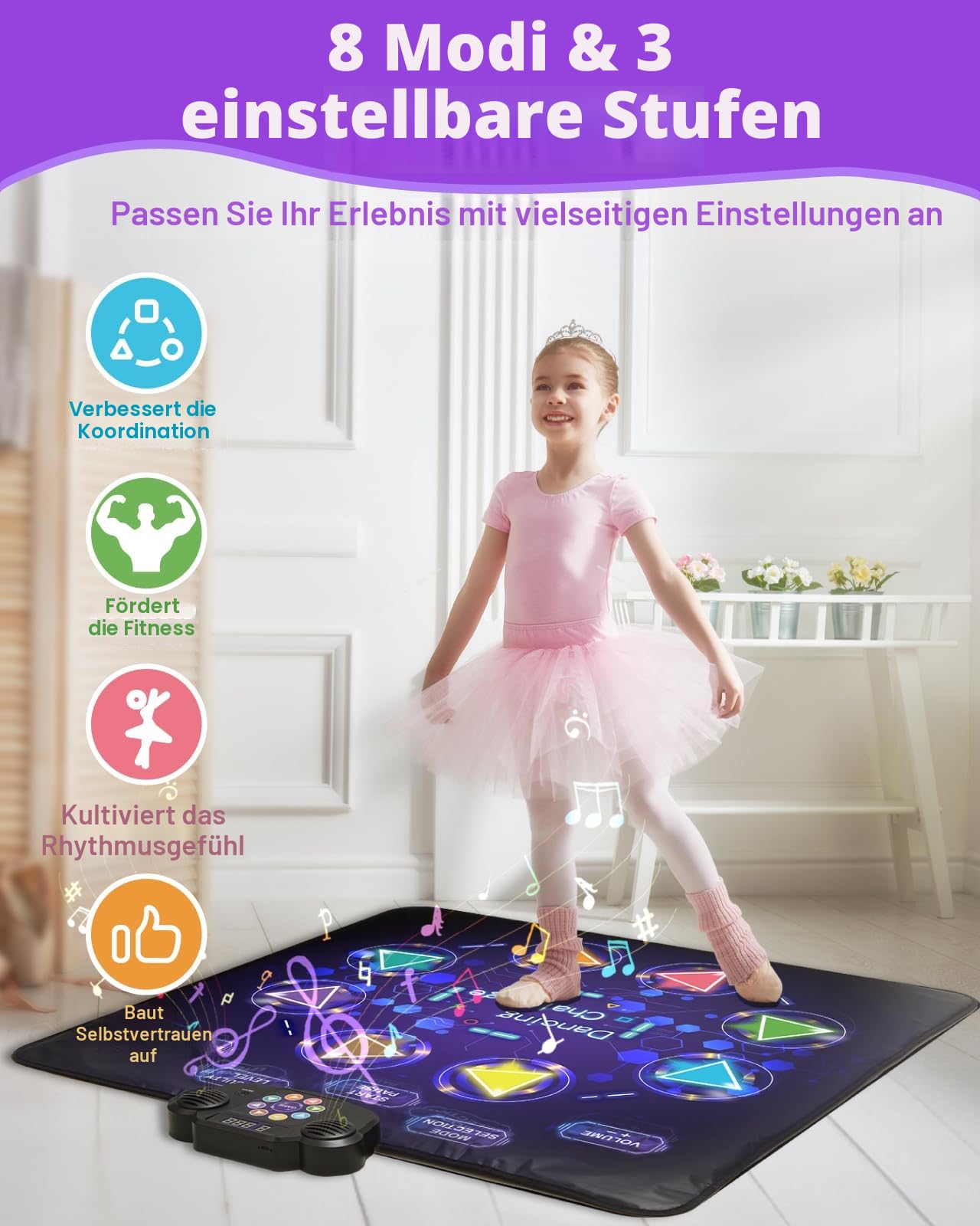 Gleamkid Tanzmatte Für Kinder, LED Licht-Tanzpad Mit 8 Tasten, Integrierter Musik, Bluetooth, 8 Modi, Kinder Von 3-12