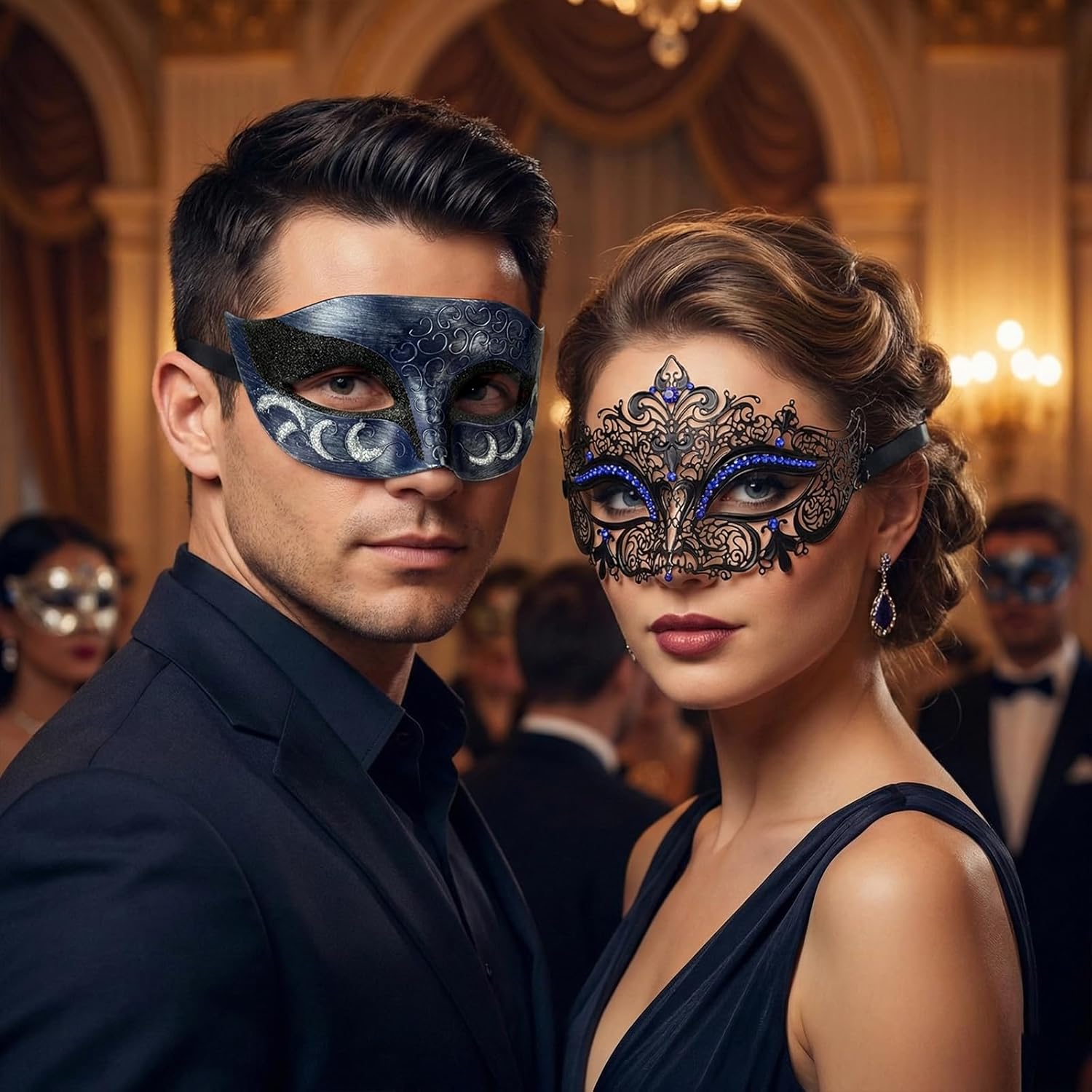 Thmyo Couples Venetian Laser Cut Masquerade Mask,Halloween Mardi Gras Party Mask (Black & black) - Image 2