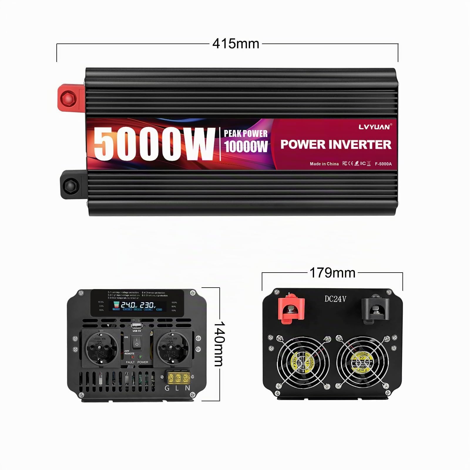 Yinleader Inversor 5000W/10000W Onda Senoidal Modificada DC 12V a 220V AC Convertidor con 2 Tomas AC, Mando a Distancia, Pantalla LCD y Puerto USB para Auto, Coche y Camper