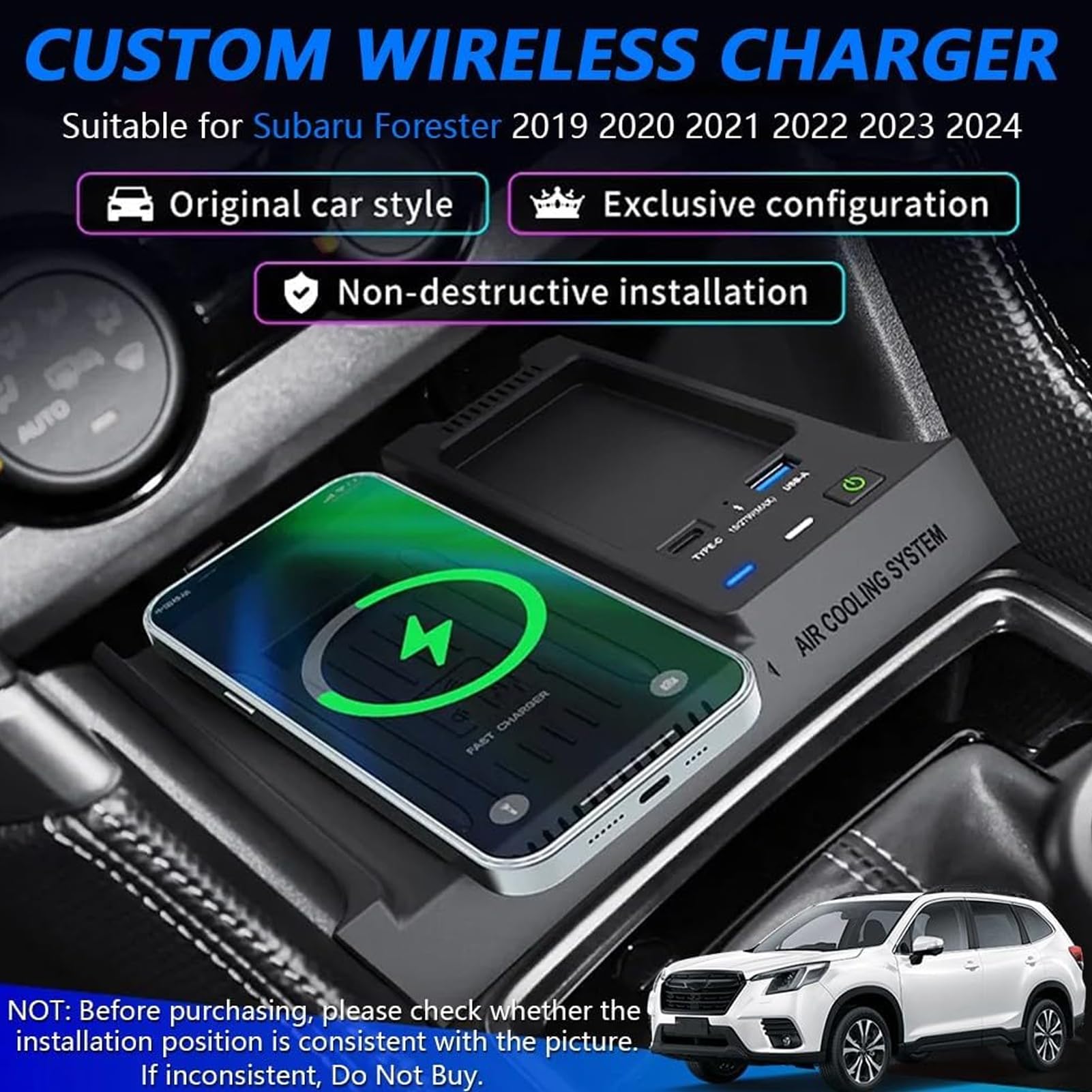 Bezprzewodowa ładowarka Samochodowa Telefonu do Subaru 2019 2020 2021 2022 2023 2024 Forester, Konsola środkowa Akcesoria Podkładka ładująca, Szybka ładowarka do i-Phone Sam-sung