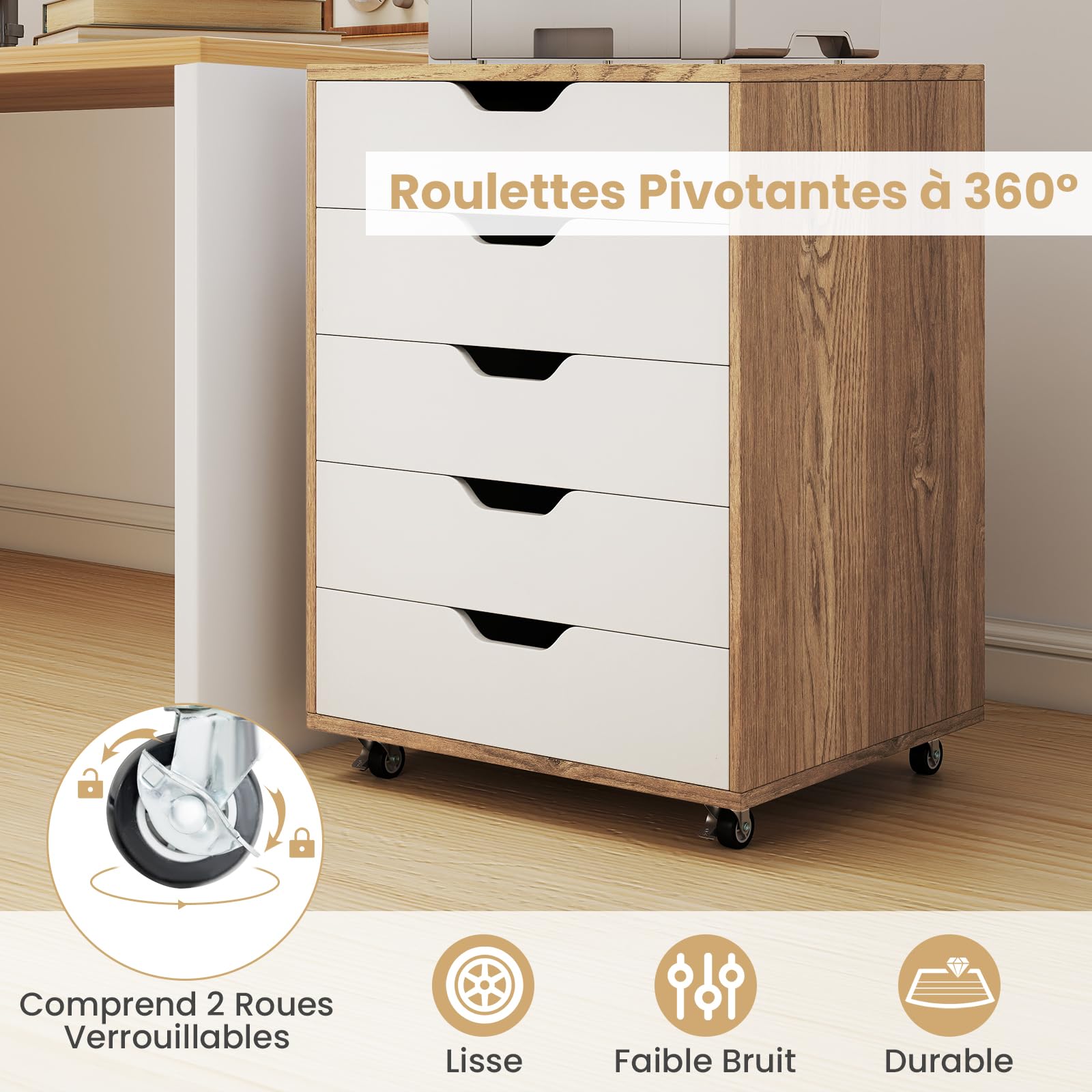 GOPLUS Caisson Bureau avec 5 Tiroirs à Roulettes en Bois, 49x40x65CM, Meuble Rangement Bureau Mobile avec Support Imprimante, Rangement à 5 Niveaux pour A4, Document, Format, Lettre, Idéal pour Maison