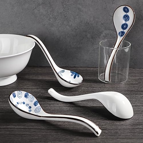 Miniatura 3 de Juego de 4 cucharas de sopa de cerámica japonesas de porcelana con mango largo, juegos de cucharas de sopa asiática para fideos Pho Ramen, arroz