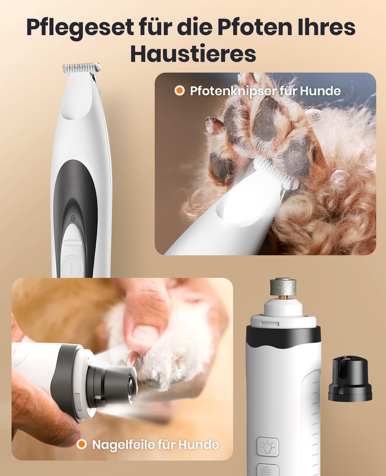 oneisall 2in1 Pfotentrimmer für Hunde + Krallenschleifer für Hunde | Leise 35dB, 2-LED-Leuchte, USB-C, 150 Minuten Laufzeit, 2 Drehzahlen (6500/7500 U/min), für Kleine und Mittelgroße Hunde