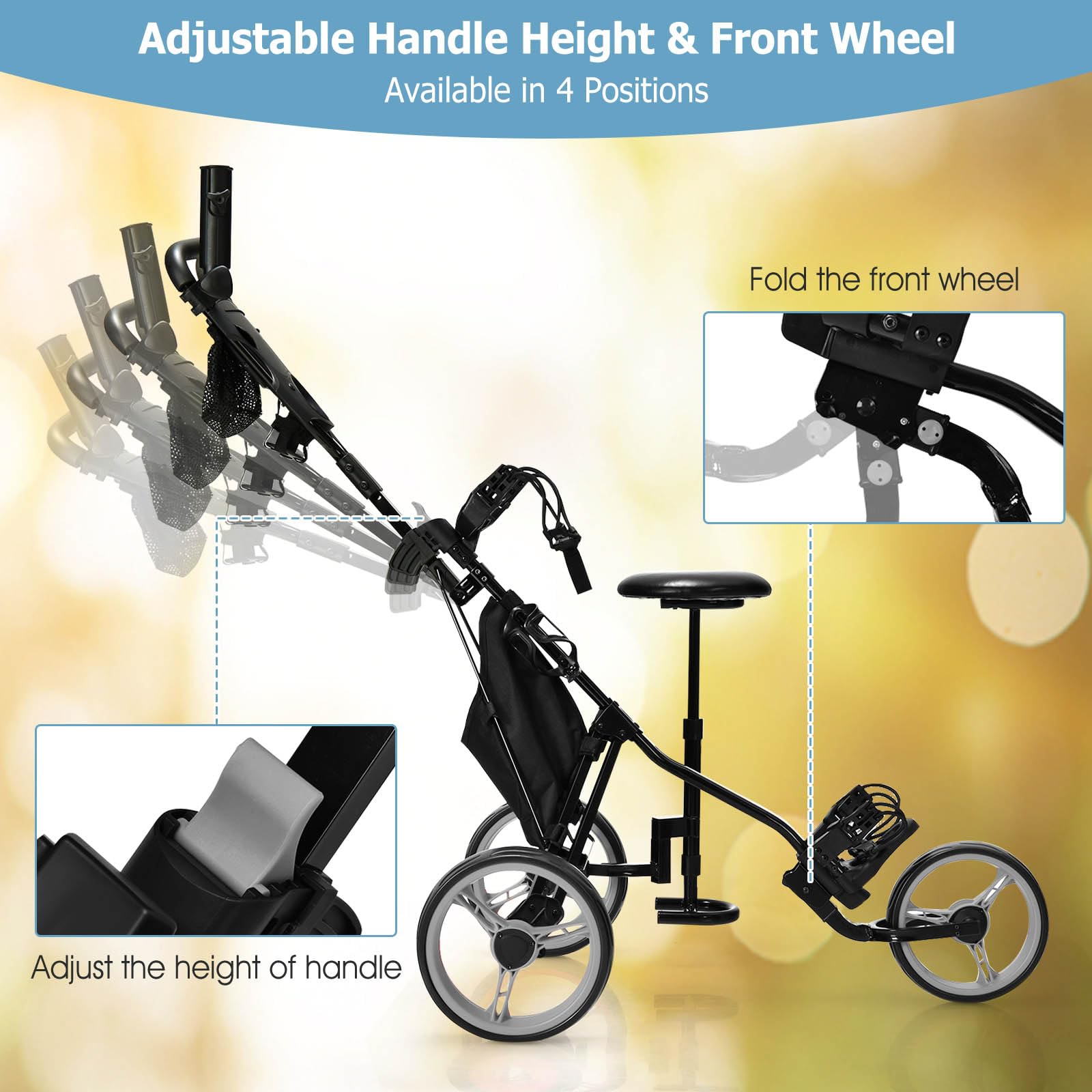 LIFEZEAL Chariot de Golf Pliable à 3 Roues, Voiturette Golf avec Tableau de Bord & Porte-Parapluie, Sac de Rangement & Frein, Siège Hauteur Réglable 58-65 cm, Charge de 100 kg