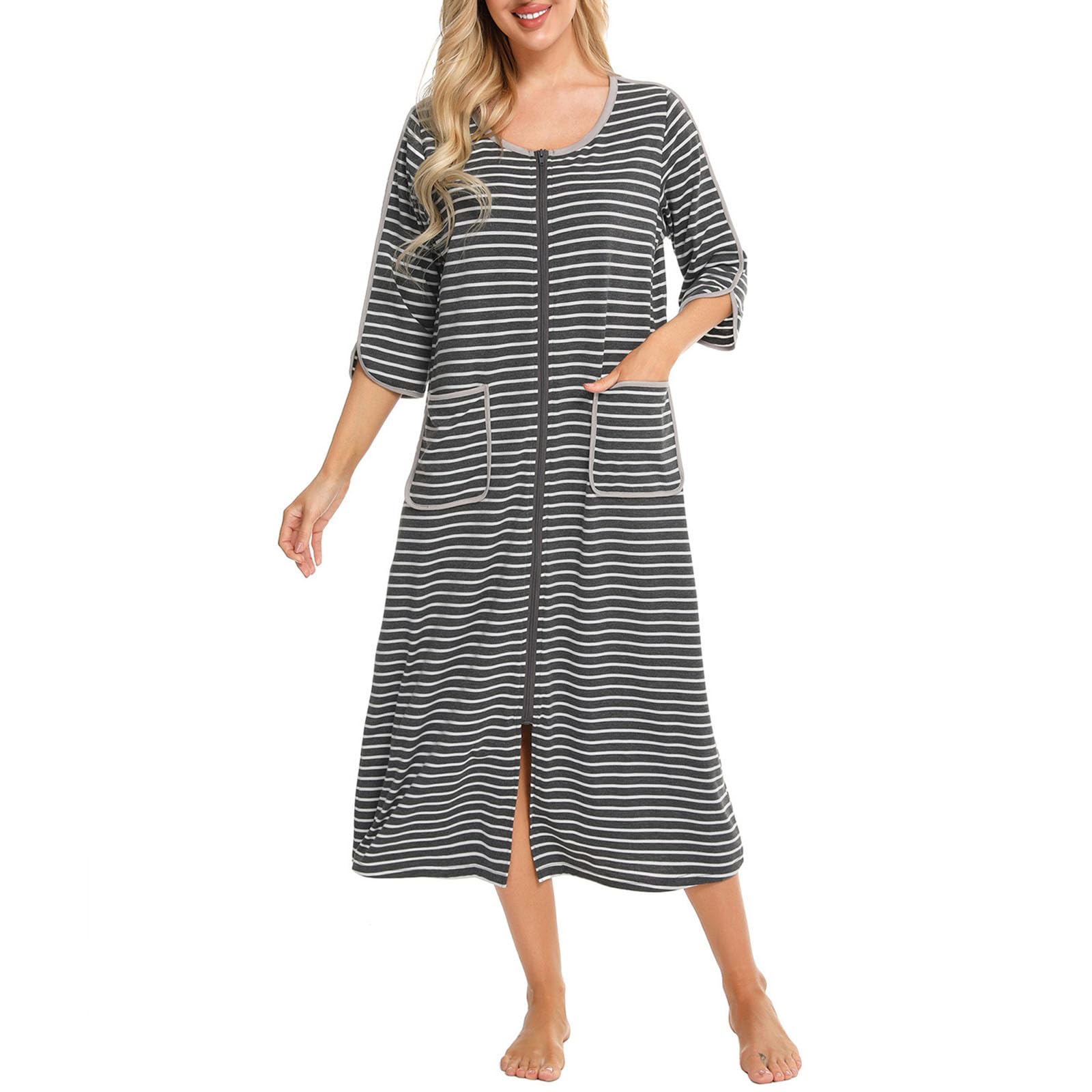 IESUTAWomen Zipper 3/4 Sleeve Length Nightgowns Robe Soft Cotton Stripe Robes Loose Housecoat Loungewear with Pockets