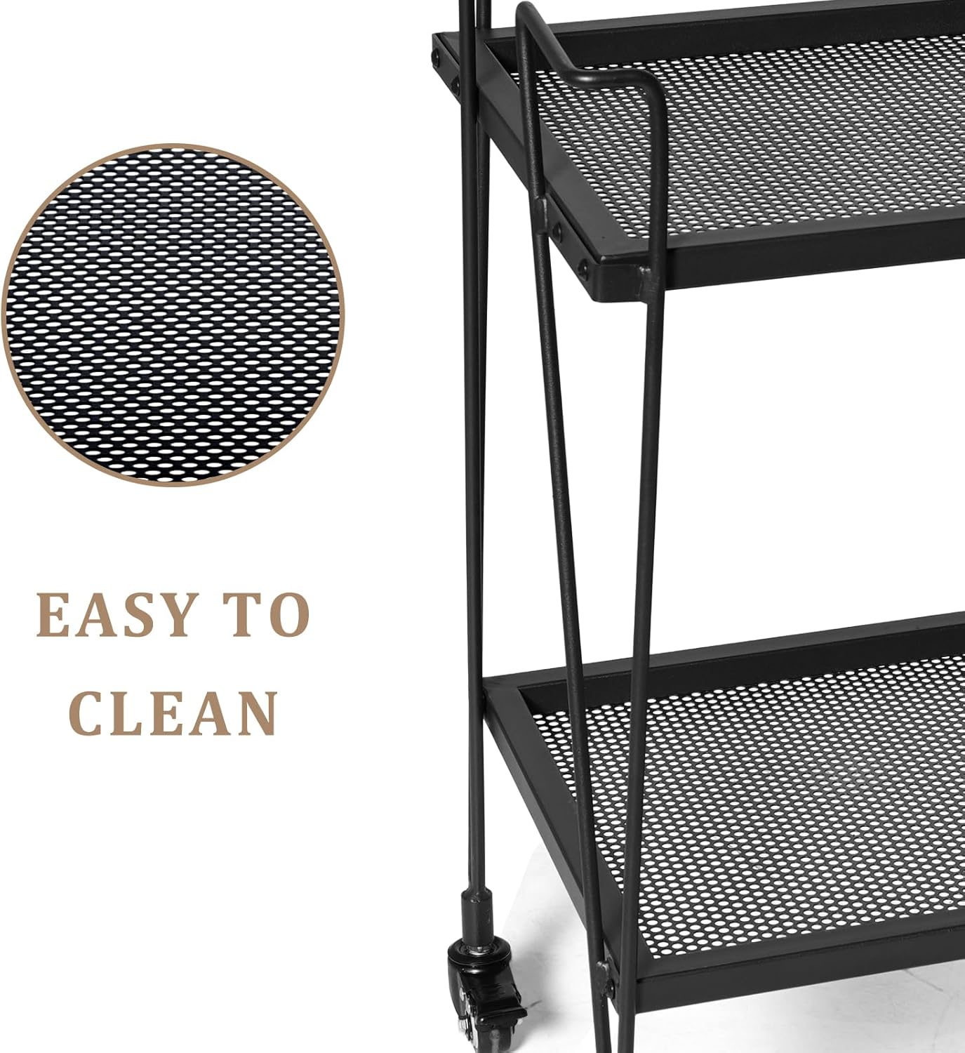 2-Tier Rolling Bar Cart with Wine Glass Rack, Black Metal Mesh Design, Mobile Storage Trolley with 4 Universal Wheels (2 Lockable for Safety), Handle on All Sides, 28.3x14.6x27 Inches