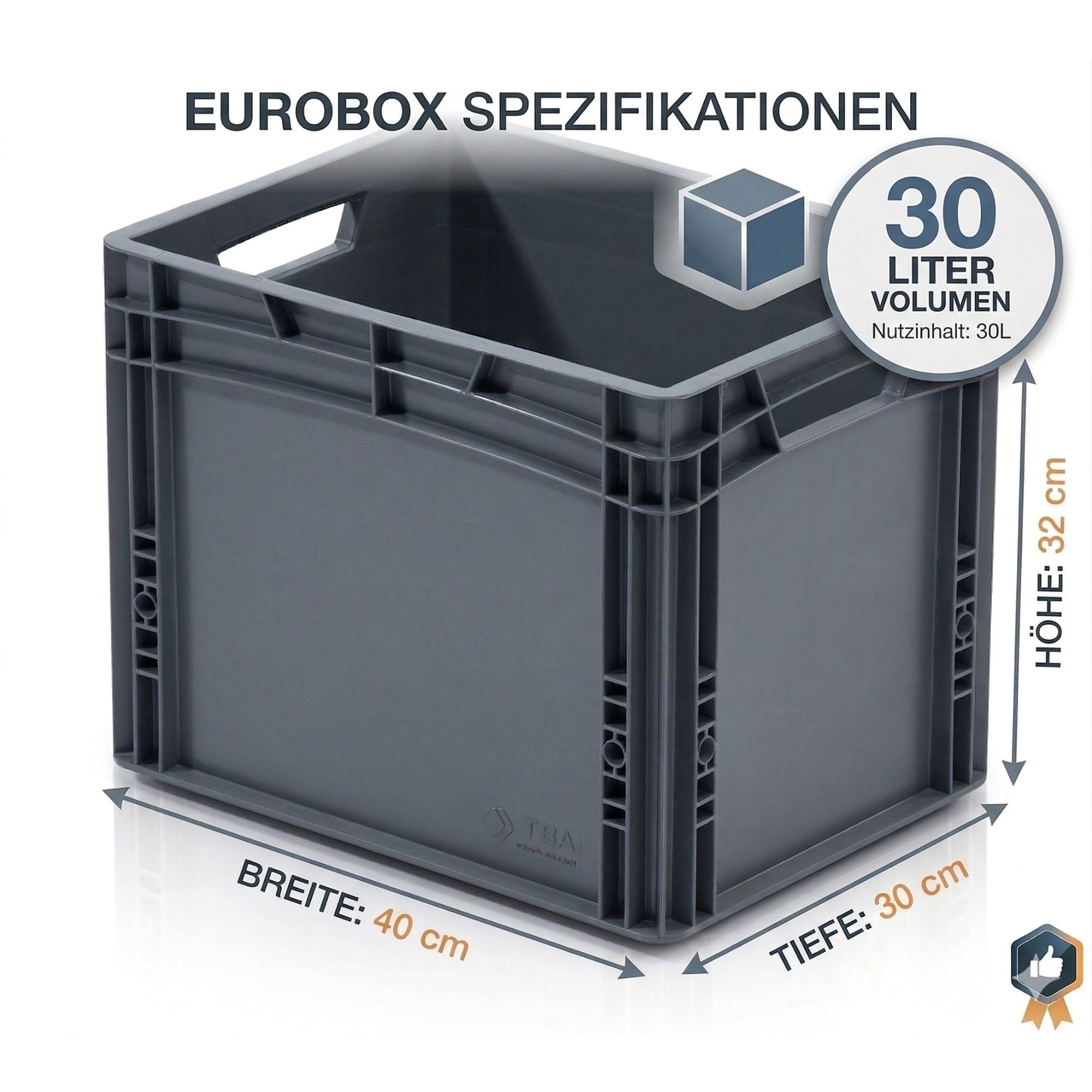 RODOPI 8x Eurobox 40x30x32 cm, stapelbar, graue Transportbox aus PP-Kunststoff, Eurobehälter mit 2 Grifföffnungen, Aufbewahrungsbox für Lager, Werkstatt, Haushalt