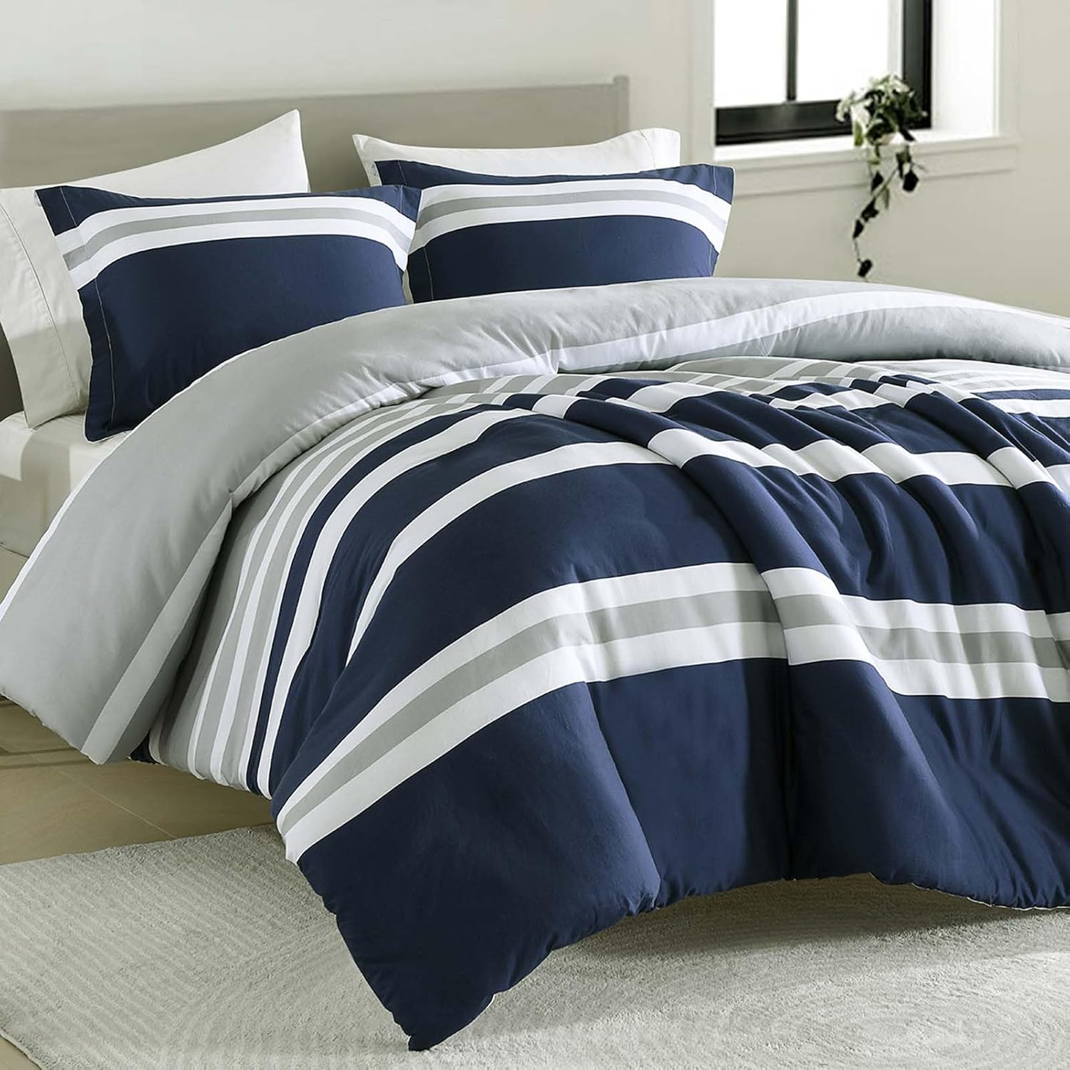 SahSahCasa Queen Comforter Set, Navy Blue Striped Queen Comforter Bedding Set, 100