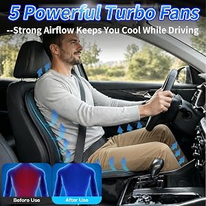 Instant Cooling Car Seat Cover Front Seat with Vibration | Ventilated Car Seat Cushion, Anti Sweat Cooling Pad, 5 Quiet Turbo Fans, For Cars SUV Truck, Hot Summer Driving