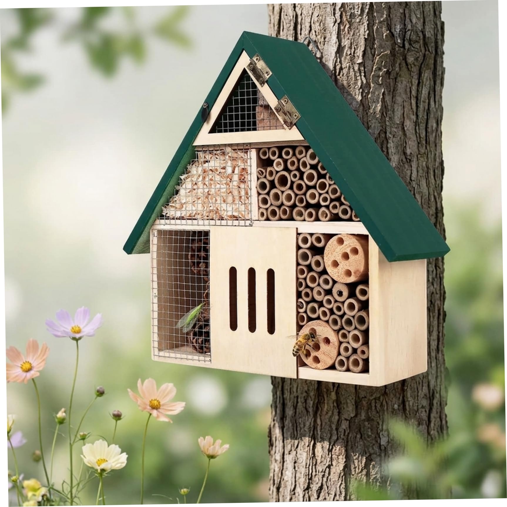 Casetta per carpentiere casette per da giardino hotel per insetti in legno naturale con tetto verde habitat sospeso per muratrici e insetti utili per esterni