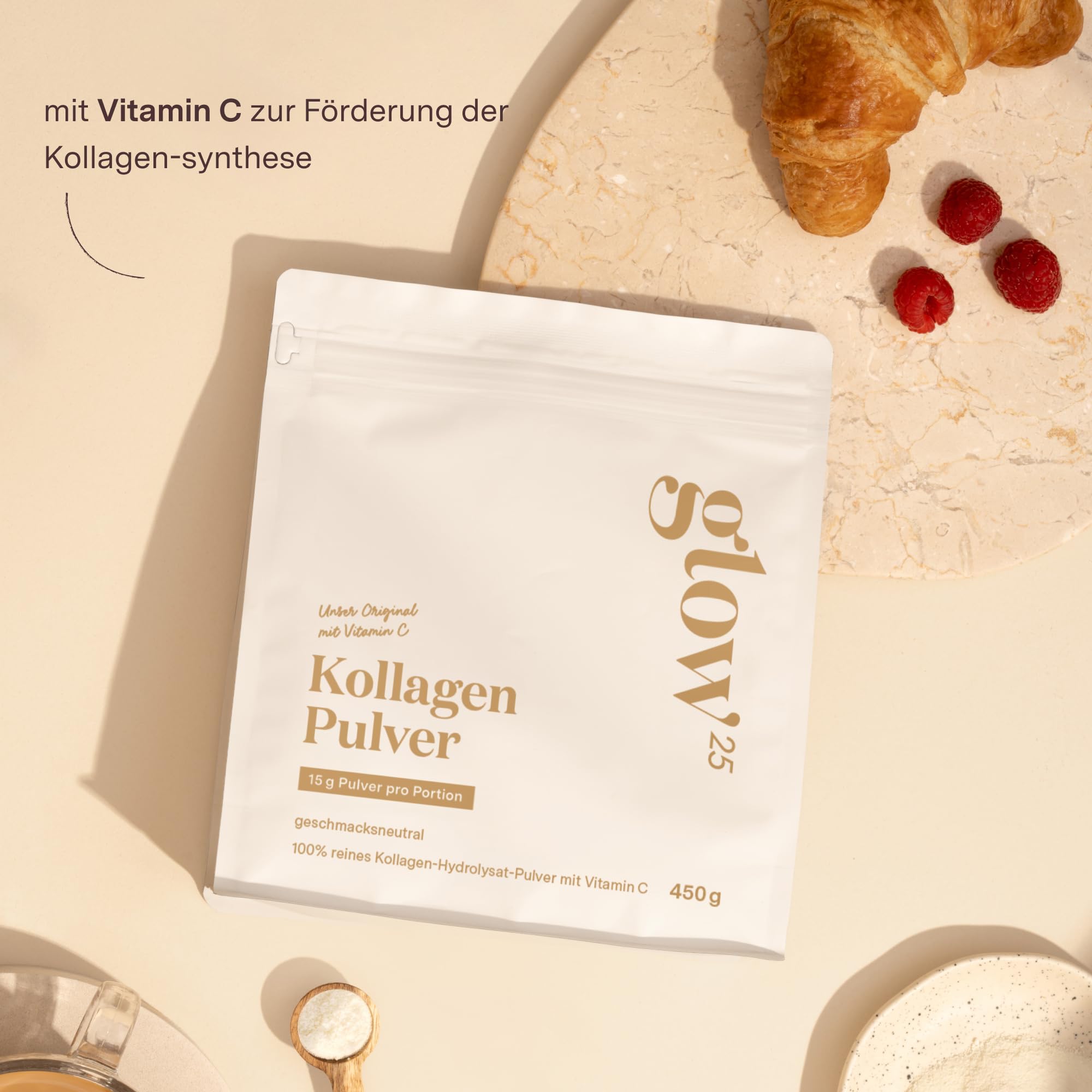 Glow25® Kollagen Pulver [3x450g] – Unser Original – Collagen Hydrolysat mit Vitamin C – Peptide Typ 1 und 3 – Gute Löslichkeit – Neutral