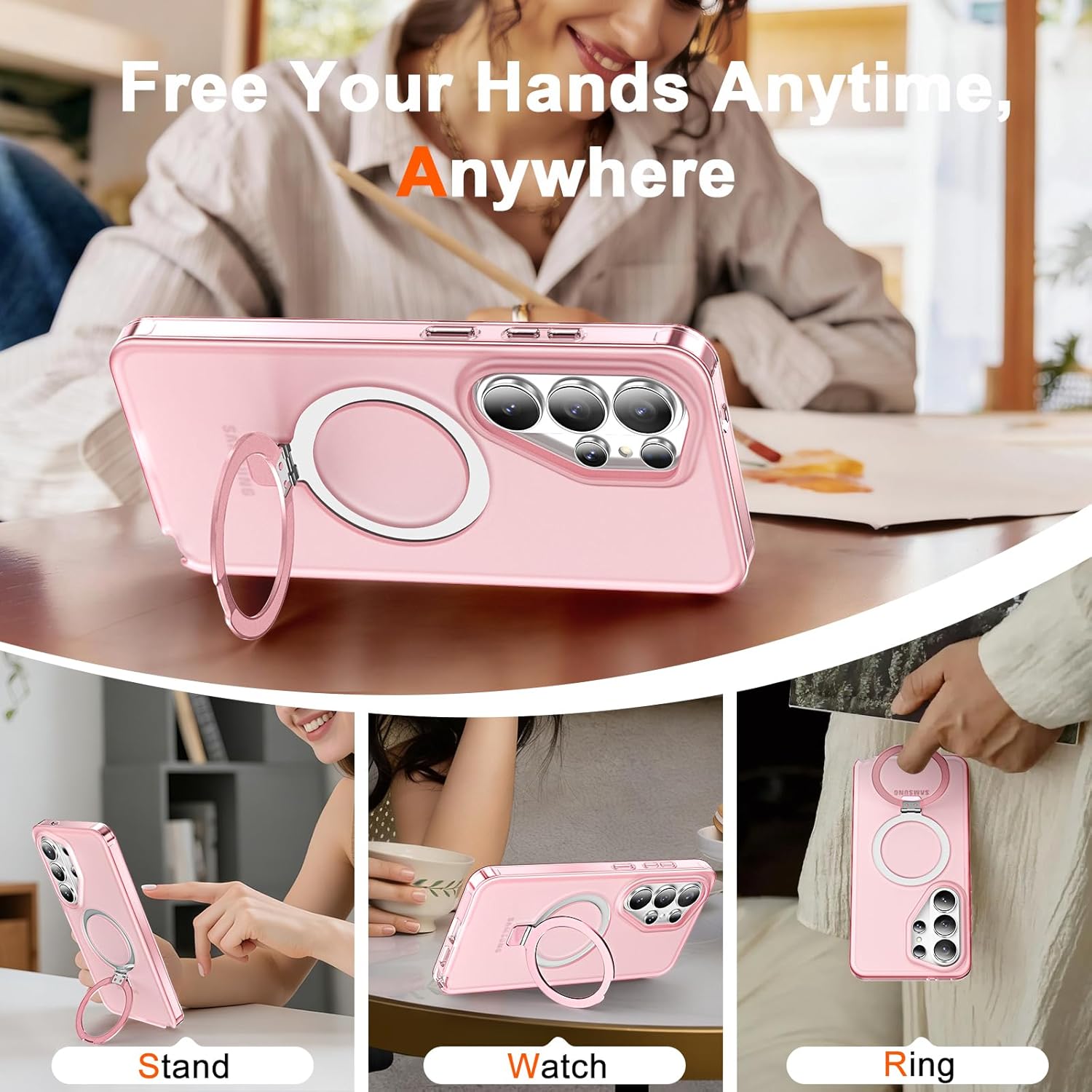 for Samsung Galaxy S26 Ultra Case with Magnetic Invisible Stand[Compatible with MagSafe] with Screen Protector Dual Layer Full Body Military Shockproof Translucent Phone Cover-Pink