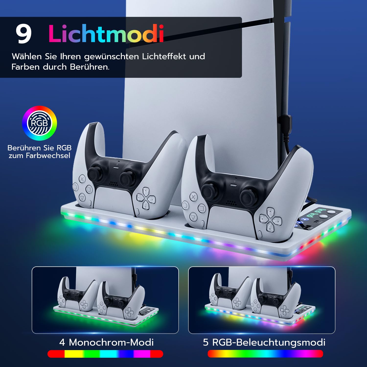 Vertikale Standfuß mit Kühlung für PS5/Pro/Slim, Dual Controller Ladestation Ständer mit 3 Stufen Lüfter/RGB Licht für PlayStation 5 UHD& Digital /PS5 Slim Disc & Digital