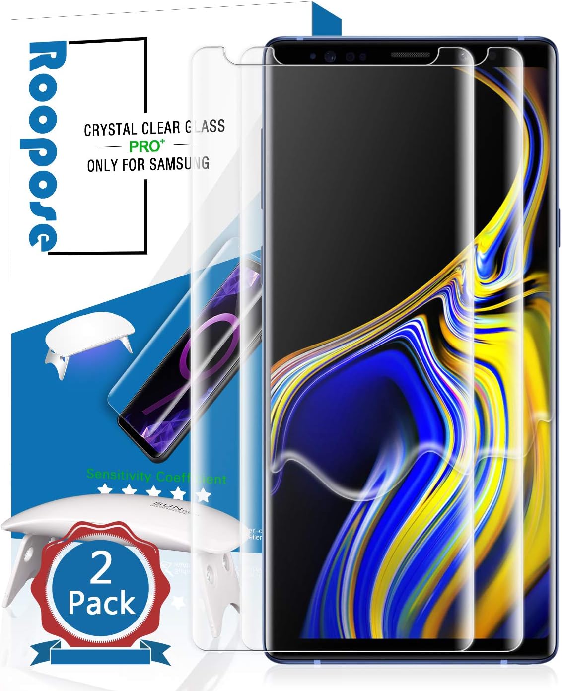 Roopose Galaxy Note 9 Screen Protector Tempered Glass,3D Curved Full Coverage Liquid Dispersion Tech Repair Function Easy Install Kit for Samsung Galaxy Note 9 (2018) -2 Pack