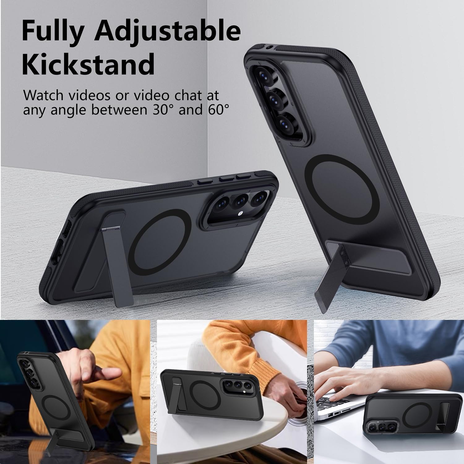 for Samsung Galaxy S23 FE Case, [Compatible with MagSafe], Adjustable Kickstand,Military Grade Drop Tested, Translucent Matte Phone Case for Galaxy S23 FE Case (Black) 22