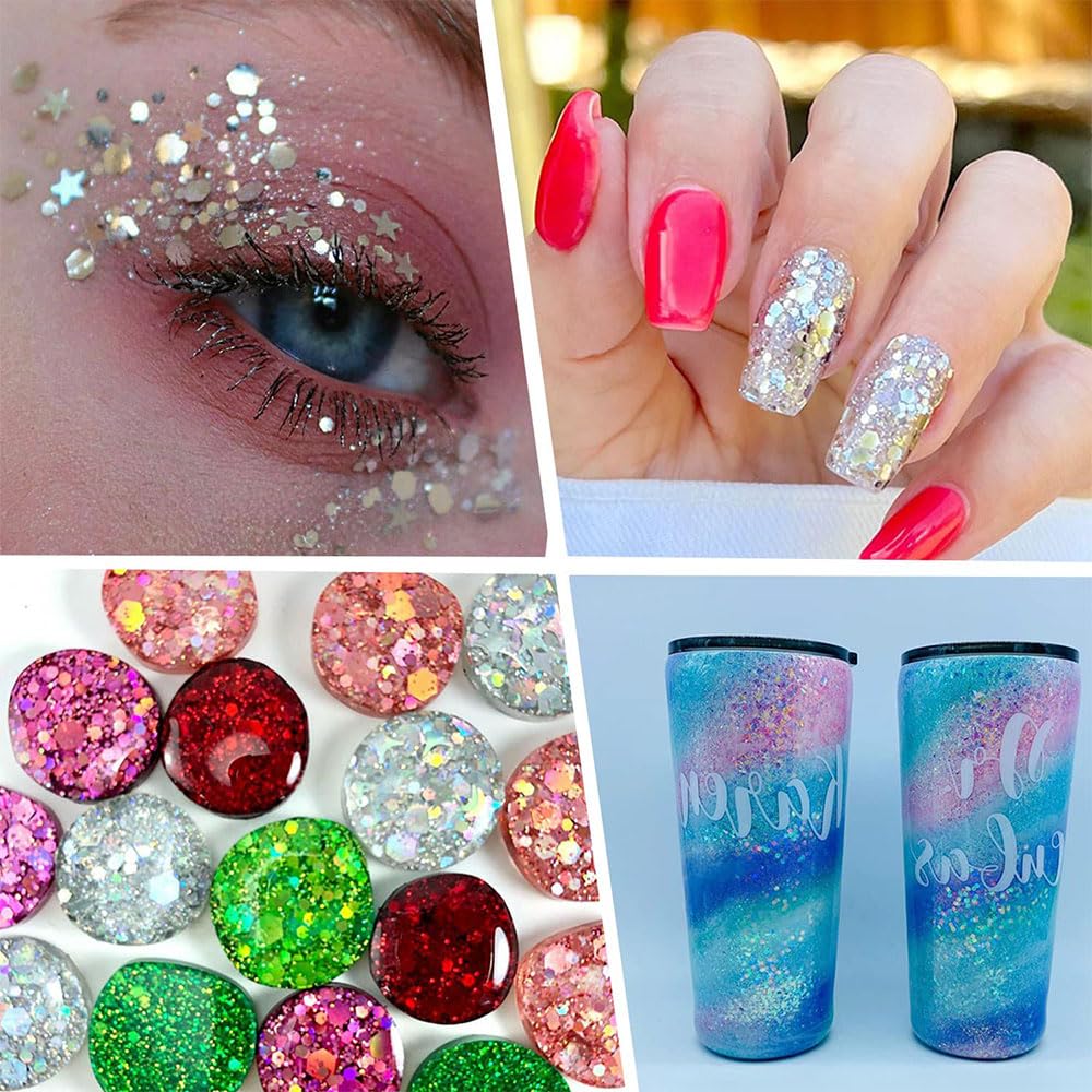 Holographic Chunky Glitter Set of 45 - Fine Craft Sparkle Sequins, Iridescent Flakes for Resin, Body, Face, Eye, Nail Arts, Slime, Tumbler, Festival - Makeup and Craft Supplies