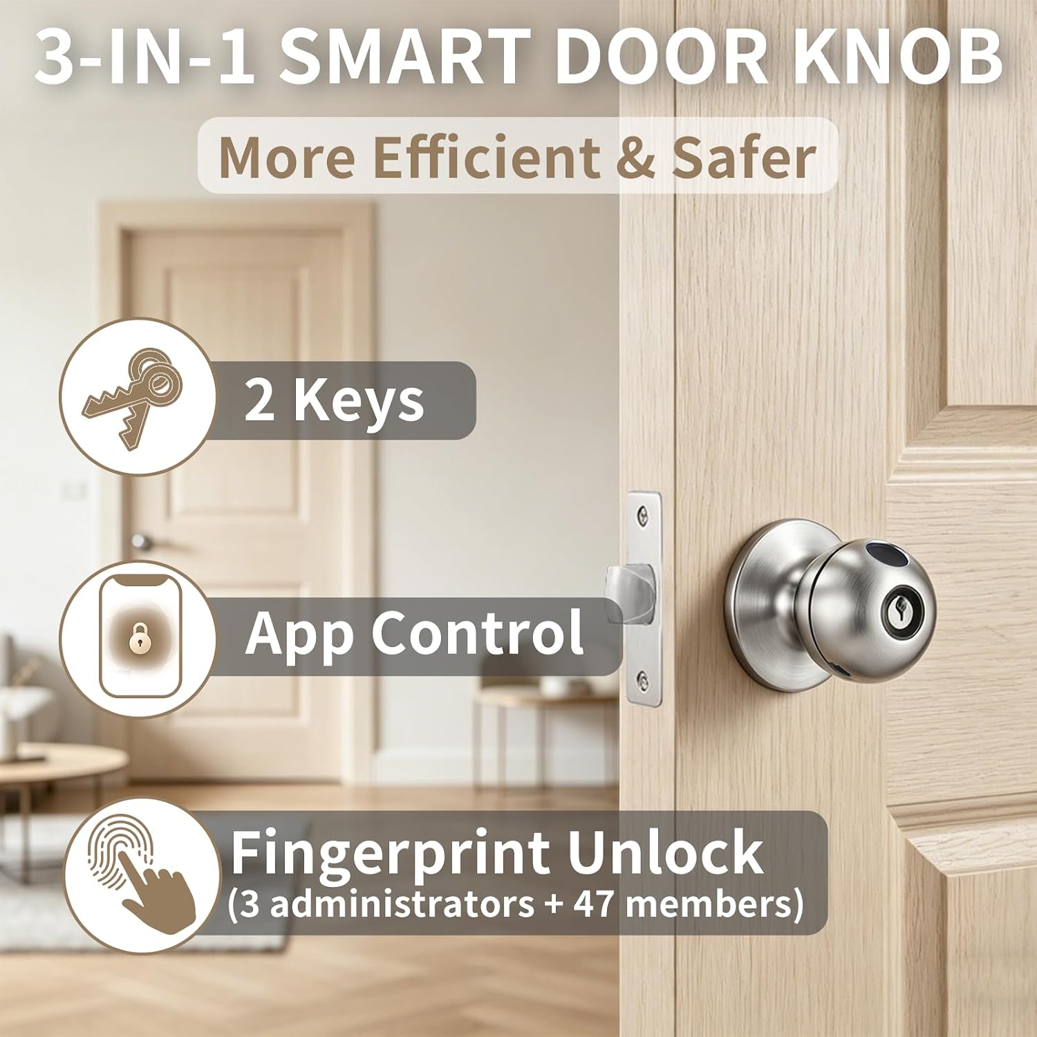 Fingerprint Door Lock, Biometric Smart Door Knob with Fingerprint Lock Stainless Steel with APP Control & Back-up Keys, Great for Bedroom, Home, Apartment, Office and Garages, Nickel Finish