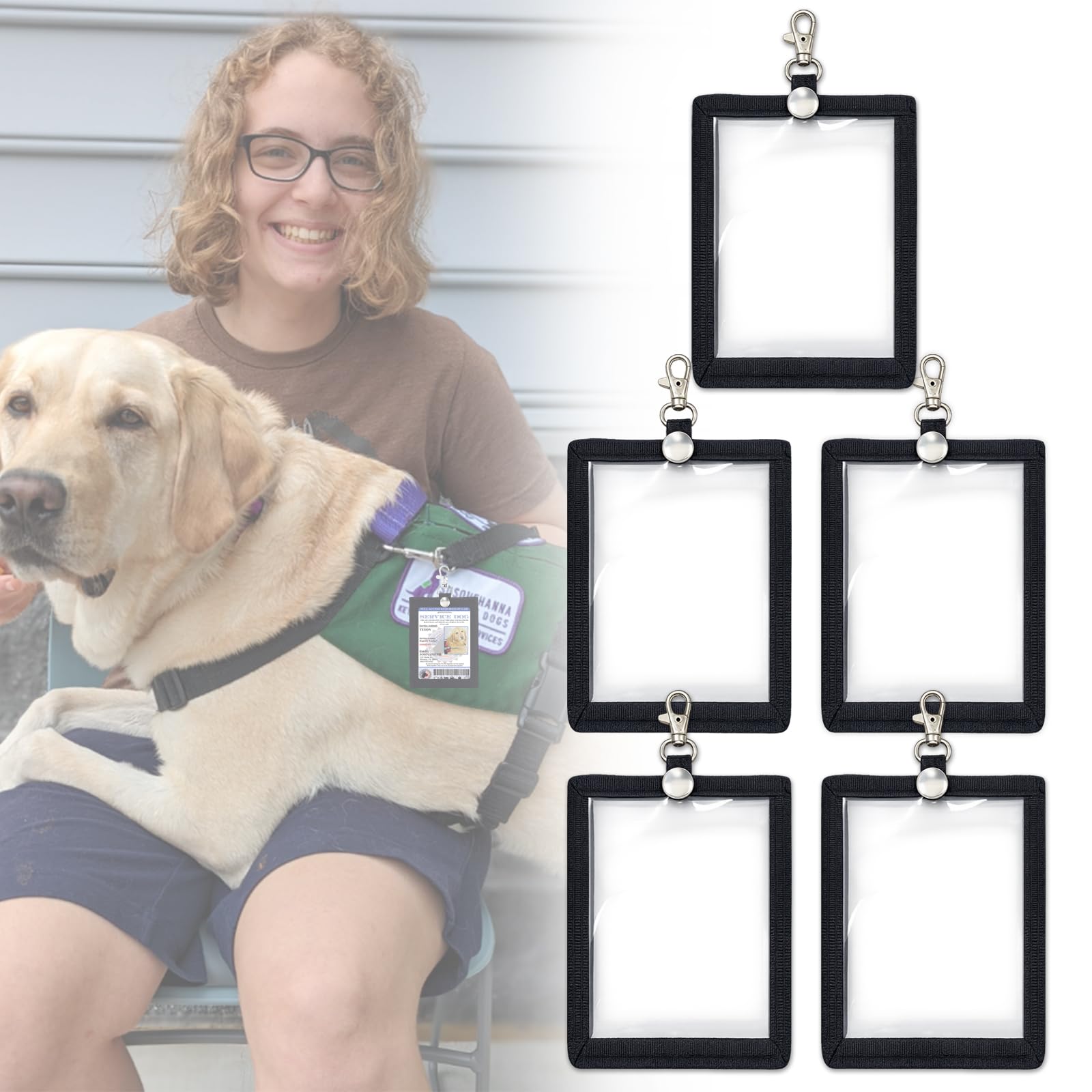 Service Dog ID Badge Holder, Working Animal Clip-On ID Carrier, Clear Double-Sided Card Holder for Service & Guide Dogs, 3" x 4.5", Fits Standard Size Cards, 5 Pcs